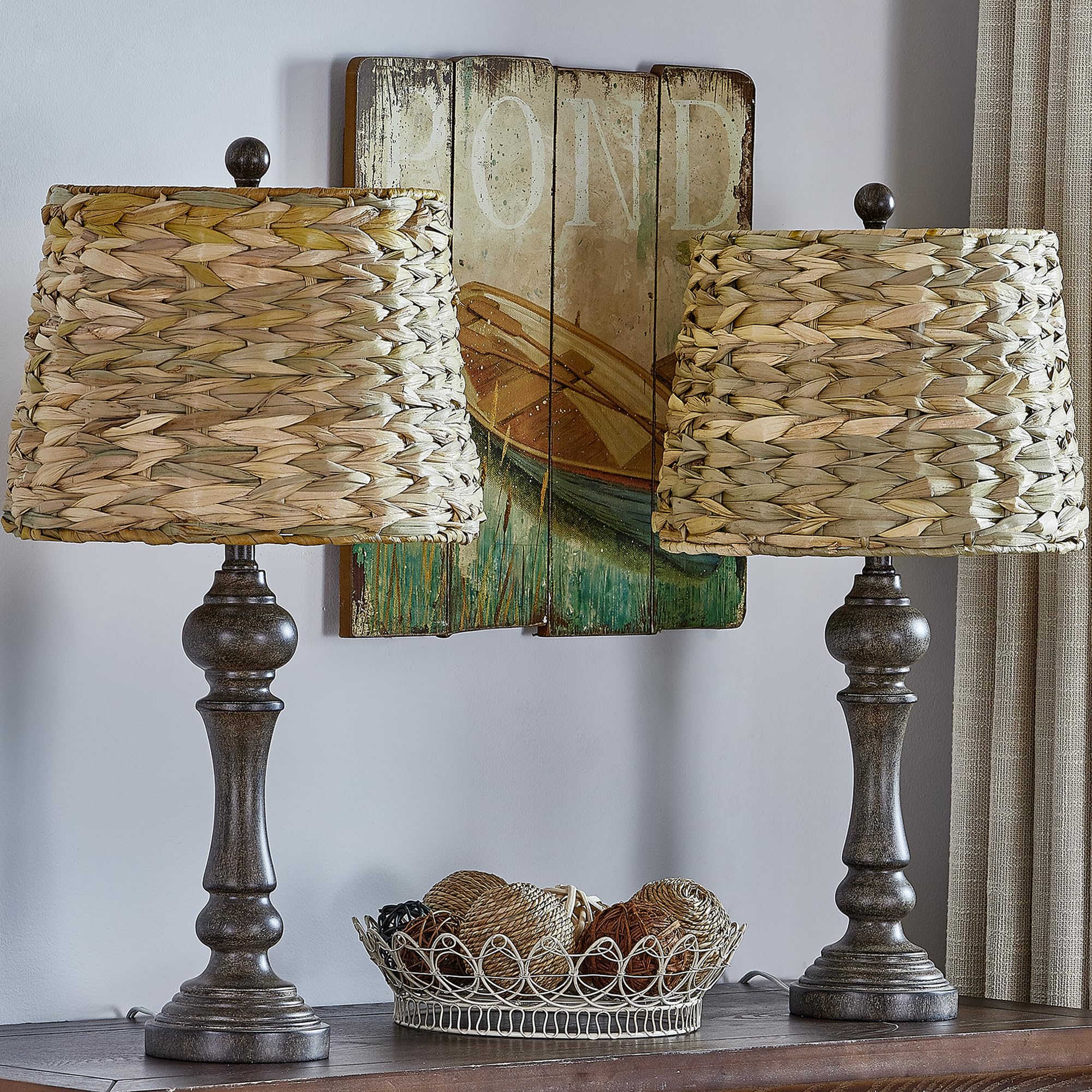 Maxax 26'' Farmhouse Table Lamps Set Of 2 For Living Room, Rustic Resin Bedside Lamp With Woven Rattan Shade, Boho Rattan Bedroo