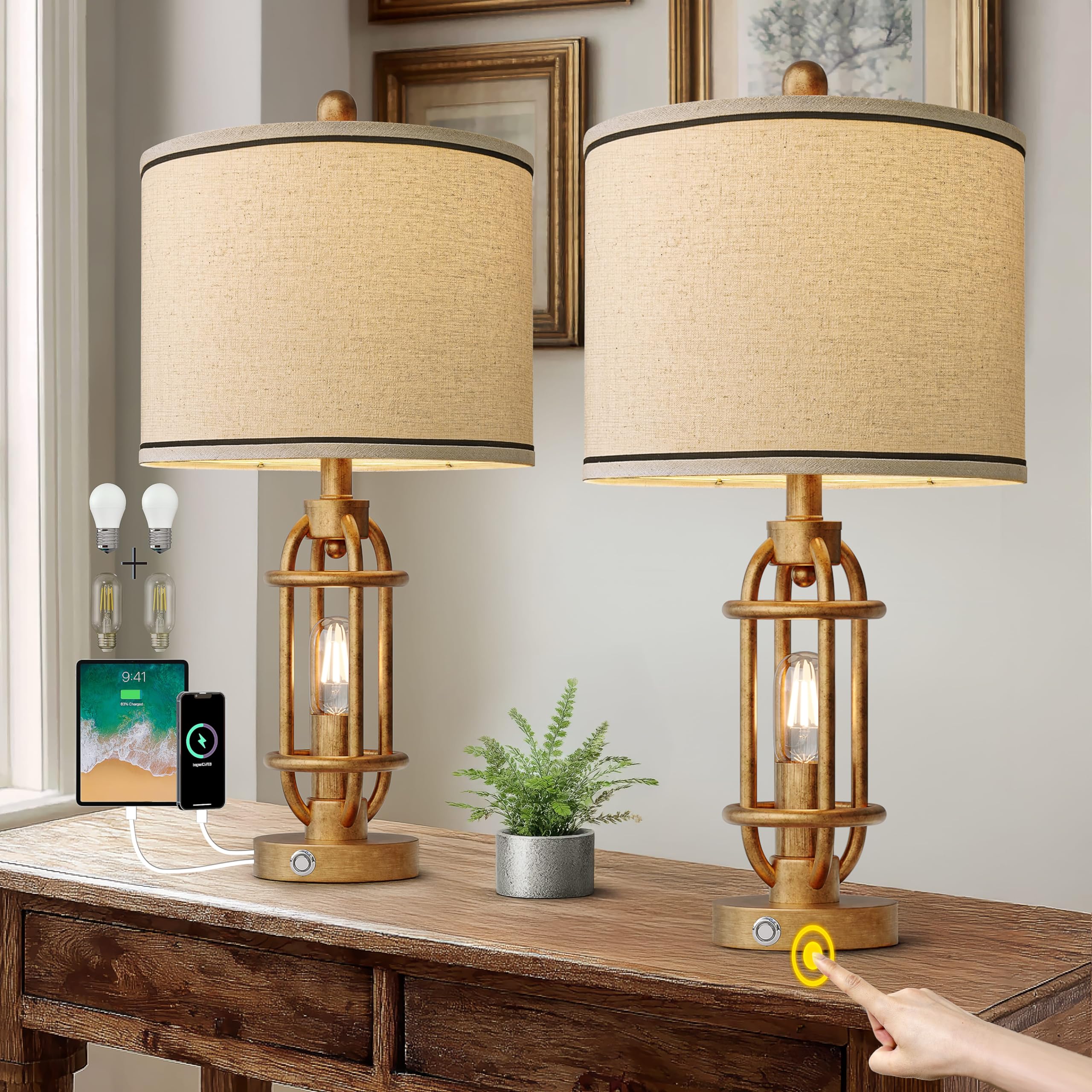 G-SAFAVA 23.75 Table Lamps Set of 2 for Living Room Bedroom Industrial Farmhouse Metal Touch Lamps with USB A+C Ports  Night Light Vintage Nightstand Bedside Lamp  Bulbs Included  Antique Gold