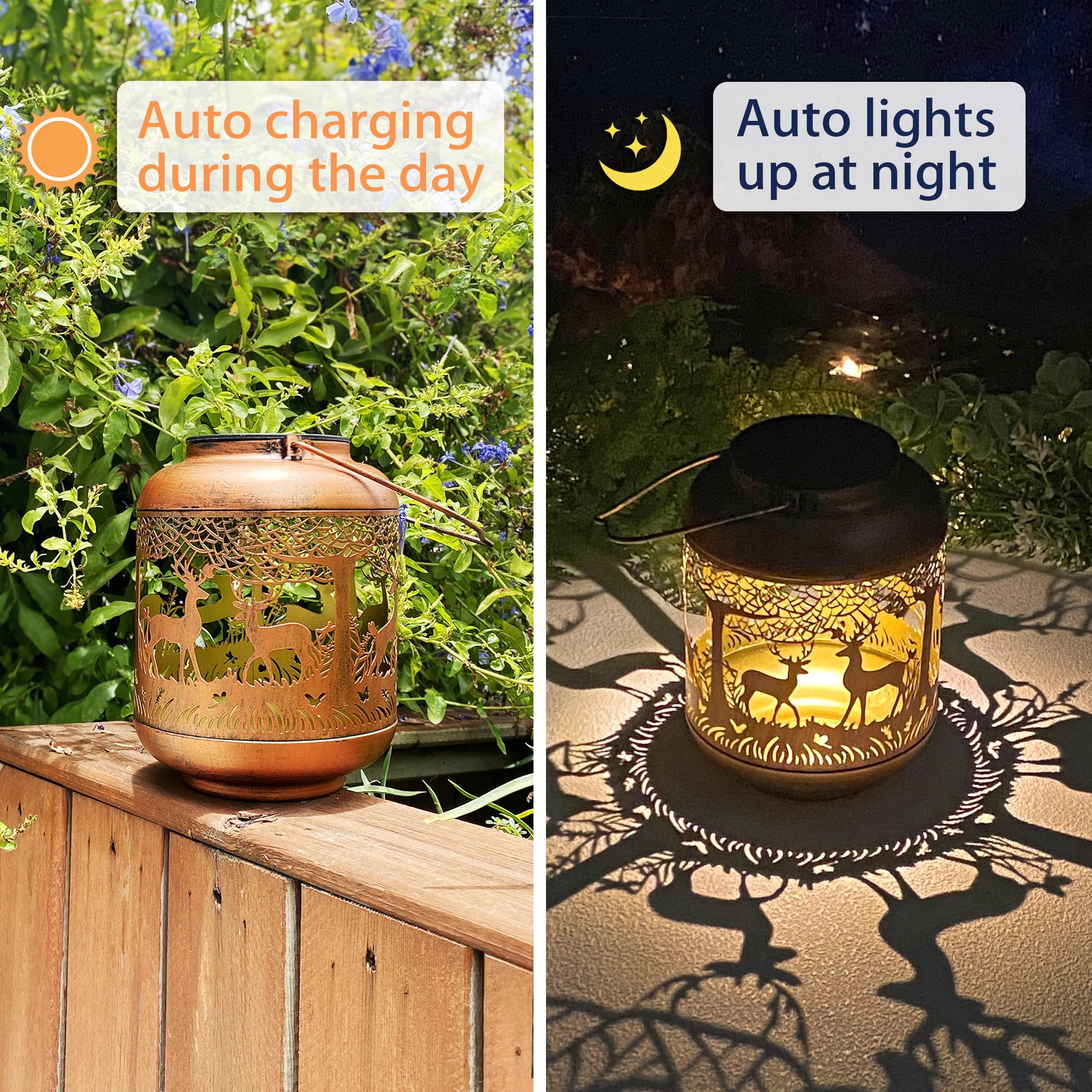 2 Pack Deer Solar Lanterns Outdoor Waterproof Hanging Solar Lights Deer Gifts For Women Men Metal Decorative Led Lanterns For Yard, Patio, Lawn, Tabletop, Pathway, Landscape, Garden Decor