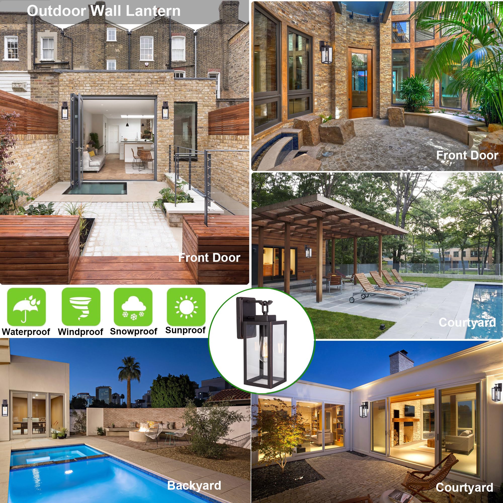 LIT-PaTH Outdoor Wall Lantern, Wall Sconce as Porch Lighting Fixture, E26 Medium Base Max 60W, Anti-Rust Metal with Glass Shade,