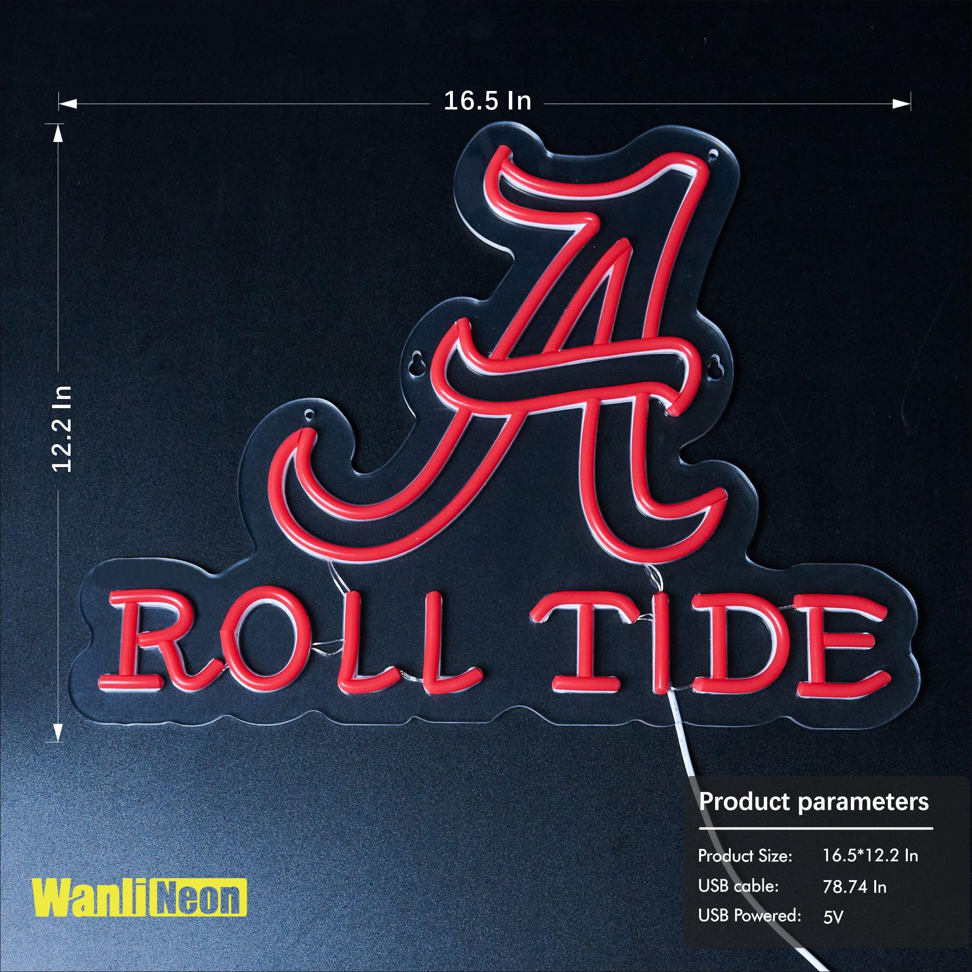 WanliNeon Roll Tide Neon Sign - LED Wall Decor, 12.6"x16.5", Red, USB Powered for Home Bar, Game Room, Pub, Man Cave
