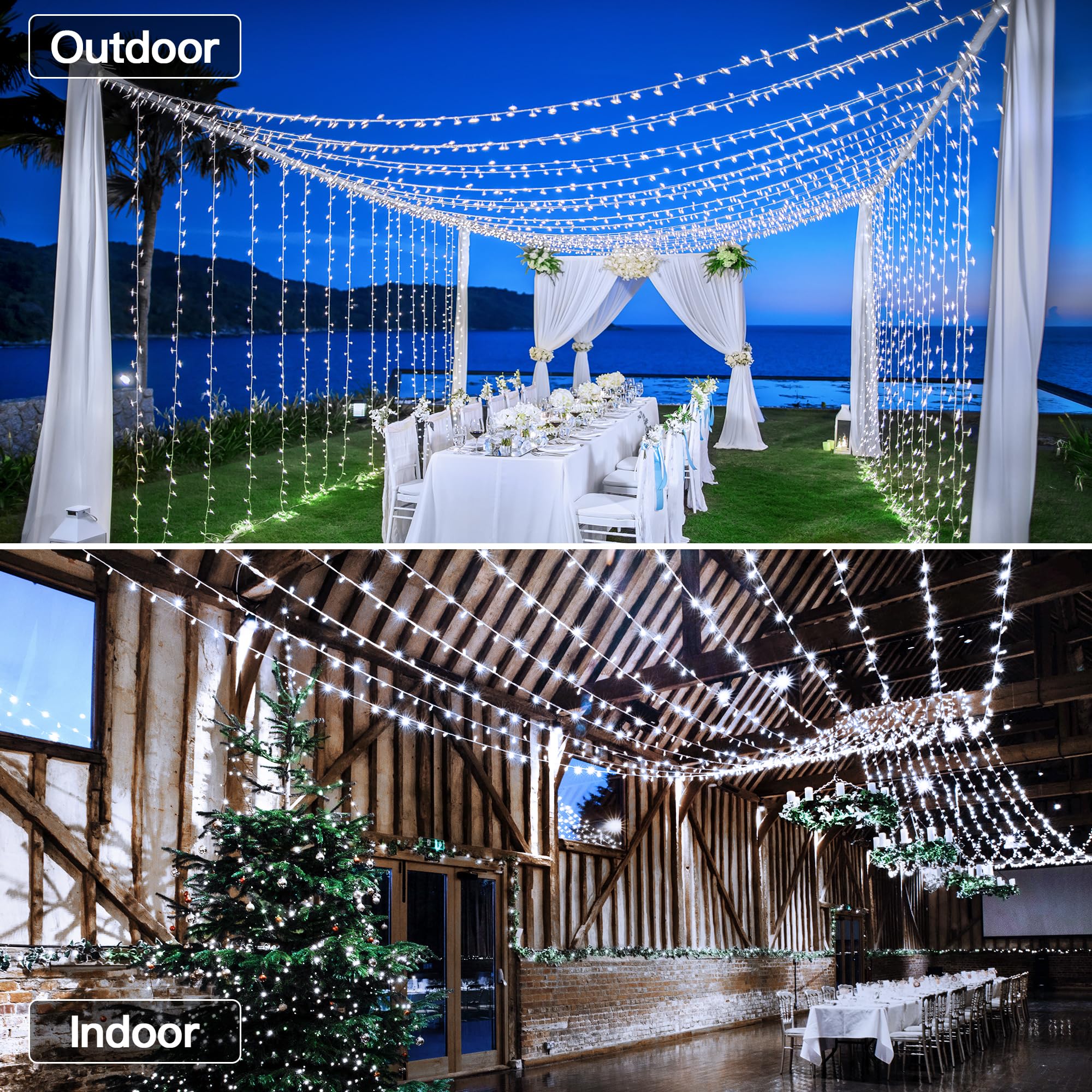 Ccinny 196FT Christmas Lights, 600 LED Cool White String Lights with Timer & 8 Modes, Model NYA0600J