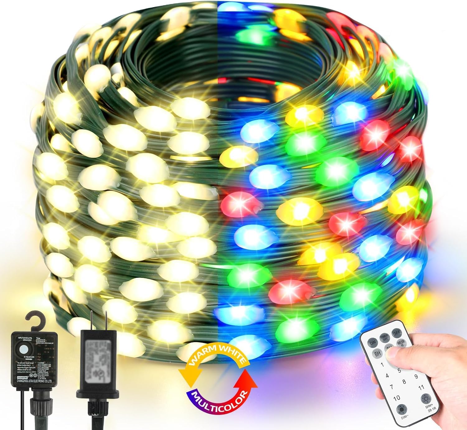 Tcamp Christmas Tree Lights, 306FT 1000 LED Color Changing, Remote, 11 Modes, Green Wire, Warm White + Multicolor, Model QL300AE