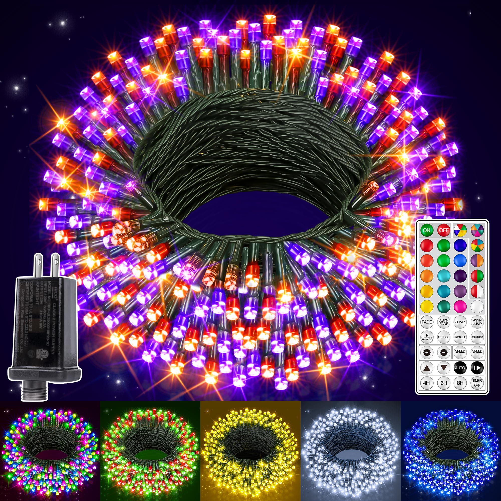 Ollny RGB Christmas Lights, 200 LEDs, 66 FT, Green Wire, Color Changing, Waterproof, Model NYA0200D, Connectable with Remote