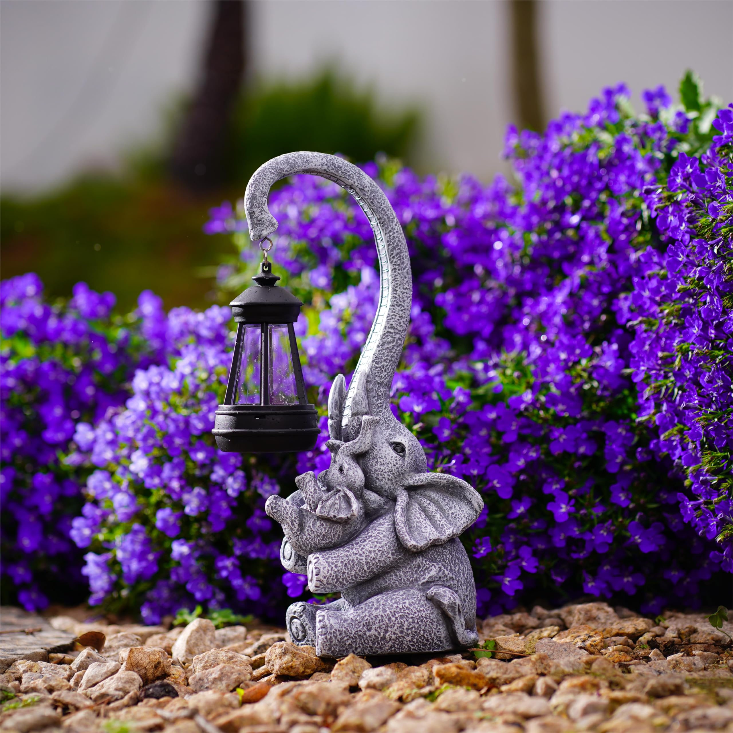 Pohabery Elephant Outdoor Statues With Cute Baby Garden Decor, Resin Elephant Figurines With Solar Lantern Outdoor Decoration Gi