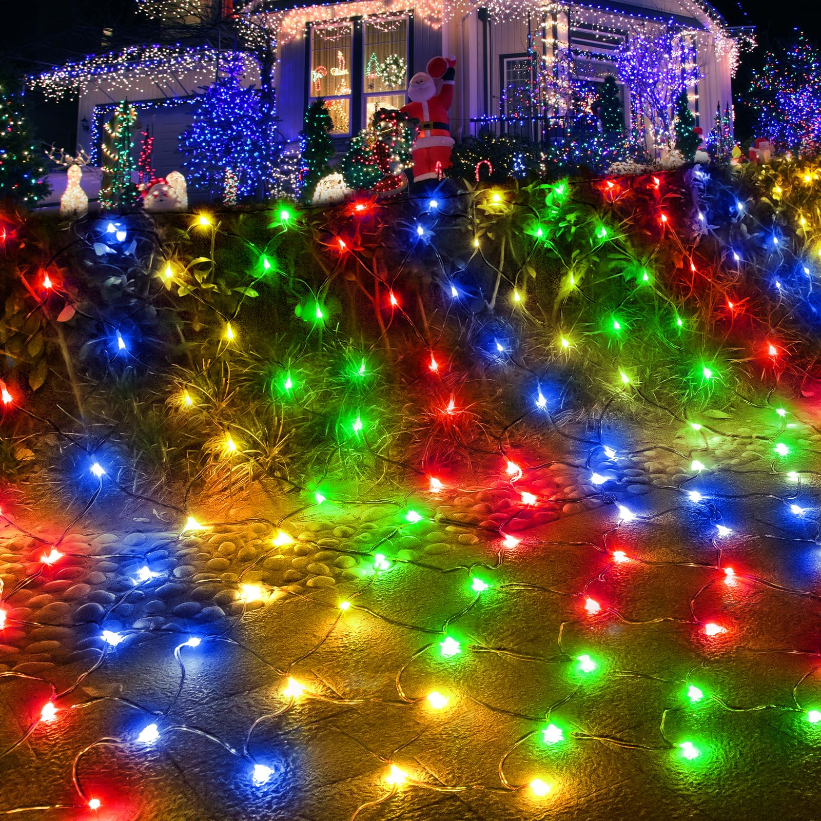 Pooqla Christmas Net Lights, 300 LED Outdoor Mesh Light 14.8x4.9 ft, Green Wire, Waterproof, 8 Modes, Colorful
