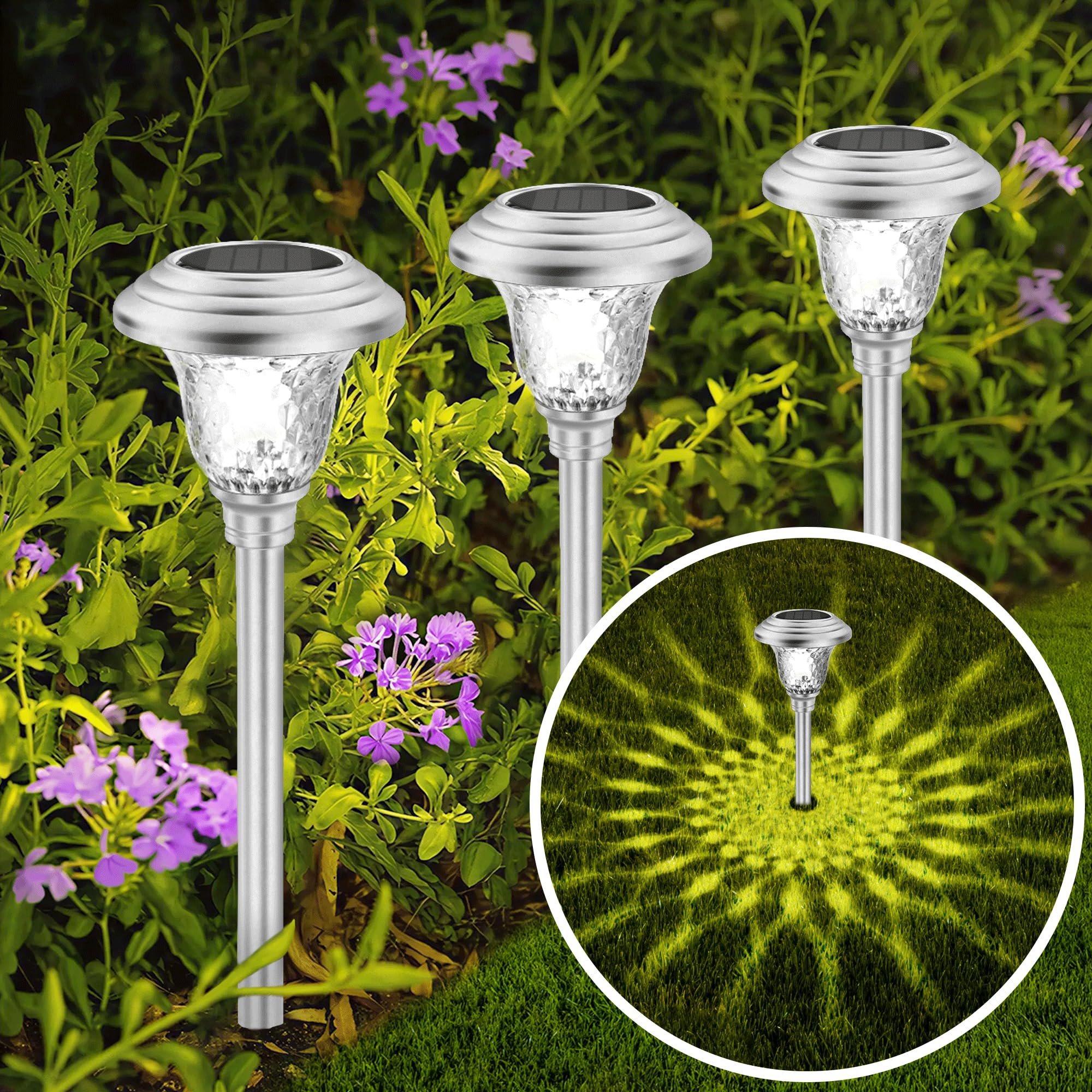 BEAU JARDIN Solar Lights 4 Pack Outdoor Waterproof Stainless Steel Glass Auto On/Off LED Garden Yard Walkway Lighting GL003 Silver