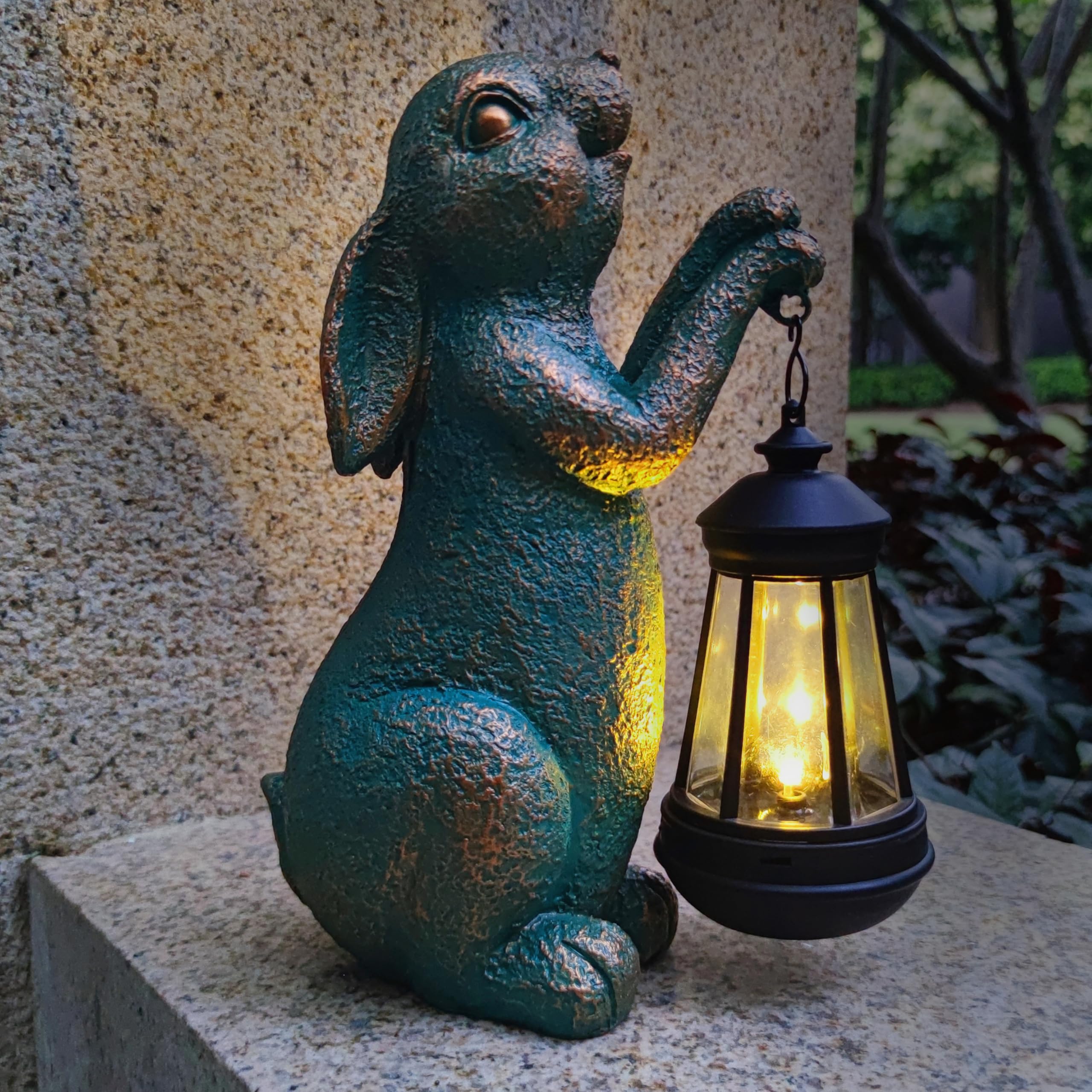 Joybee Garden Statues Rabbit With Solar Lantern Outdoor Decor-Rabbit Solar Figurines Lights Decorations For Patio Yard Lawn Orna
