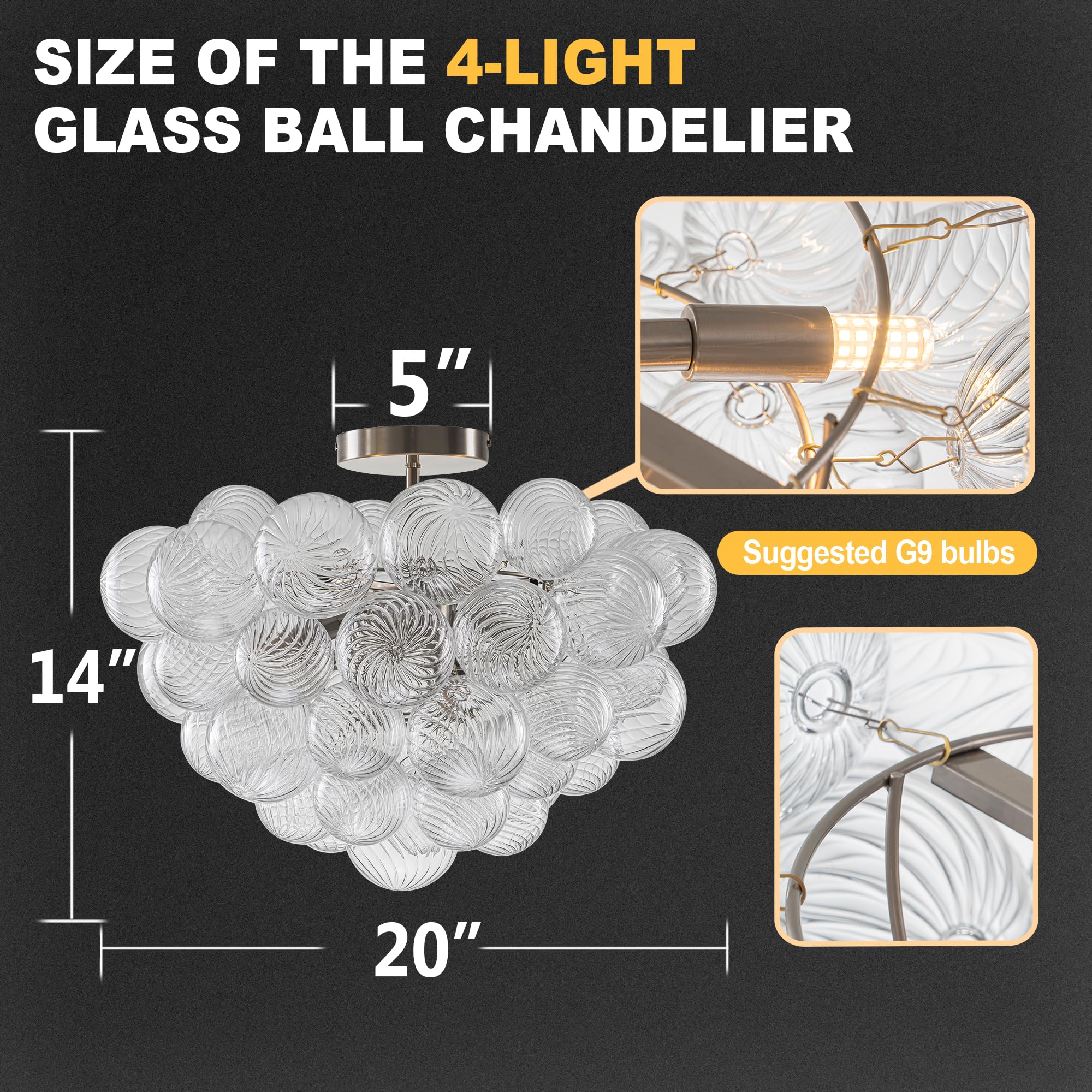 Beypan Bubble Ball Glass Chandelier Brushed Nickle Semi Flush Mount Ceiling Light Fixture 20'' Dia Clear Ribbed Blown Glass Glob