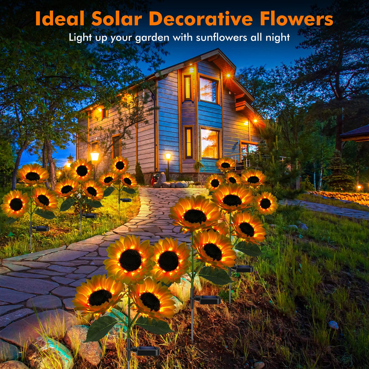 solar garden lights for potted plants Meagoo Solar Sunflower Lights, 2 Pack Waterproof Garden Stake Lights, Yellow, Model MG23024 for Outdoor Decor
