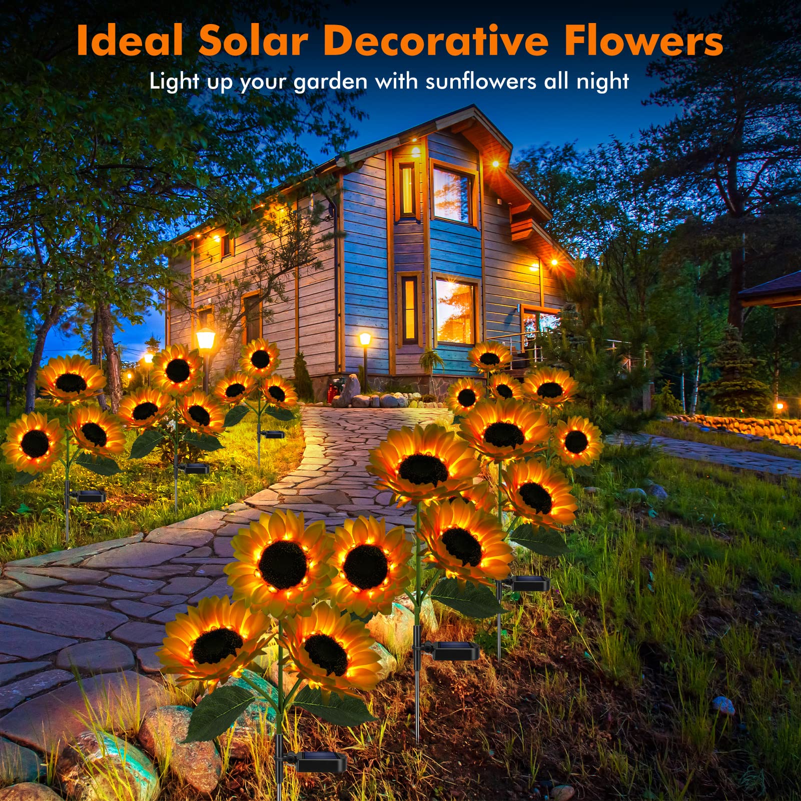 Meagoo Solar Garden Lights, 800mA Waterproof Flower Stake Lights, 4 Pack, Yellow, Silk Fabric, Model MG23024
