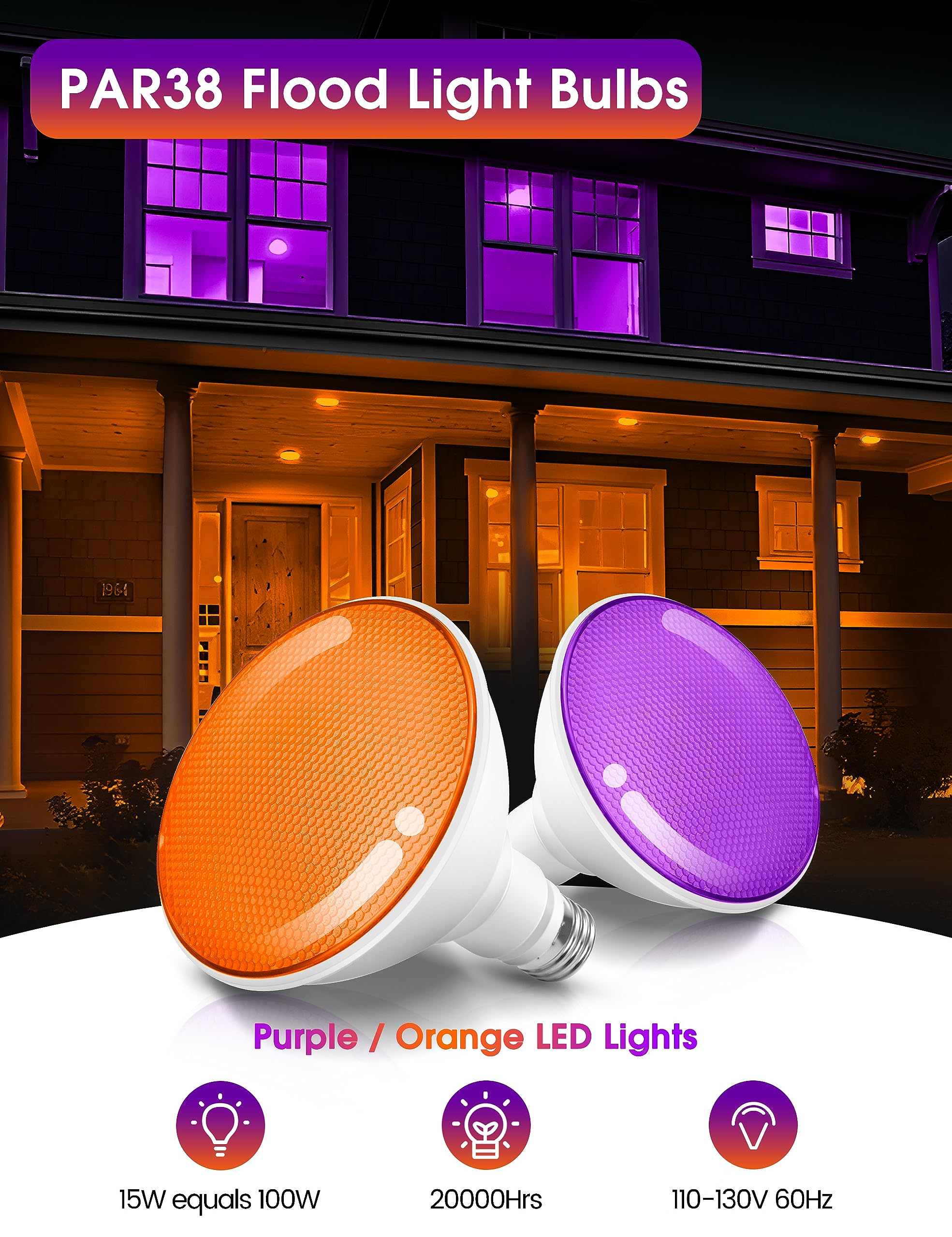 Fulighture 2 Pack Par38 Led Flood Light Bulbs, Orange & Purple, 15W For Halloween Decor