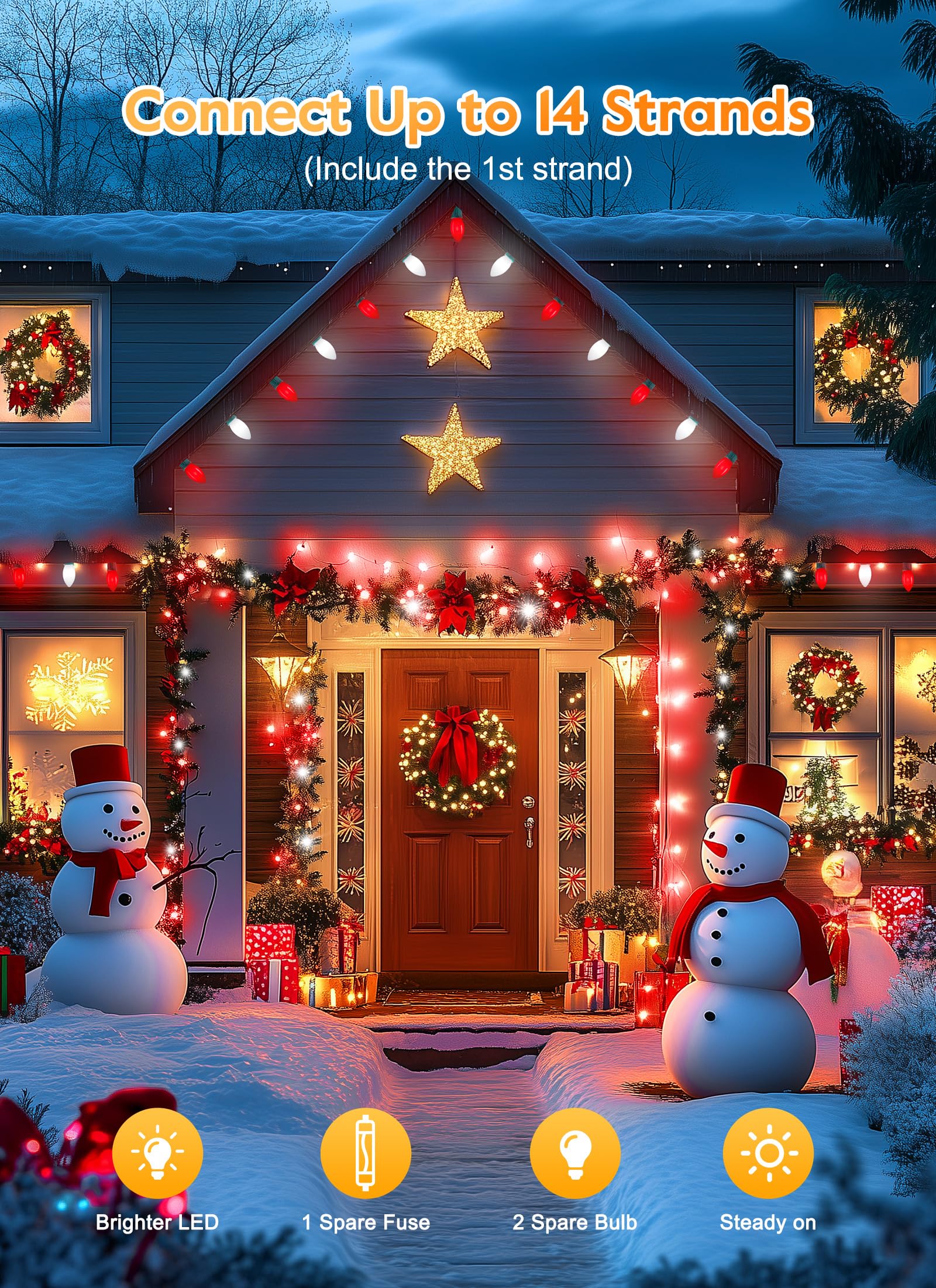 C9 Led Christmas Lights Outdoor, 50 Feet String With 50 Shatterproof Matte Bulbs, Connectable Waterproof Tree Lights For Holiday