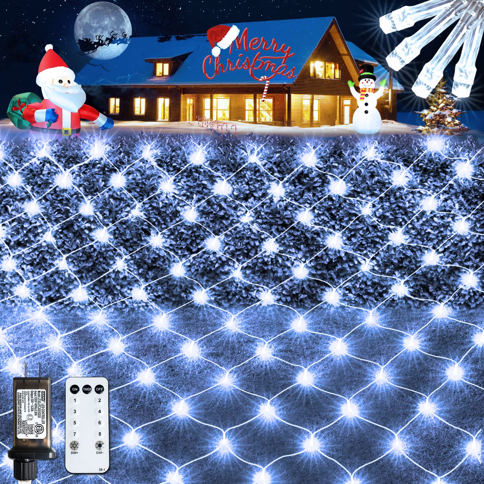 JMEXSUSS 360 LED Cool White Net Lights Outdoor Mesh Lights 12ft x 5ft Waterproof Bush Net Lights 8 Modes with Remote Connectable