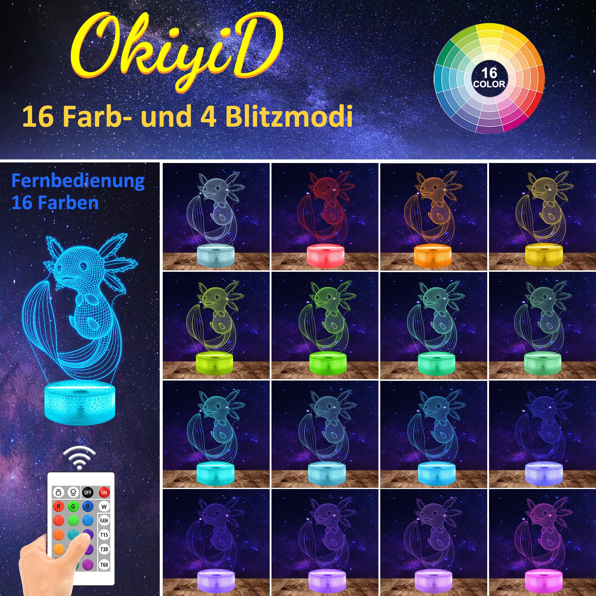 OkiyiD 3D Axolotl Night Light Lamp with Remote & Touch Control, Acrylic Decor for Kids Room, Color 5