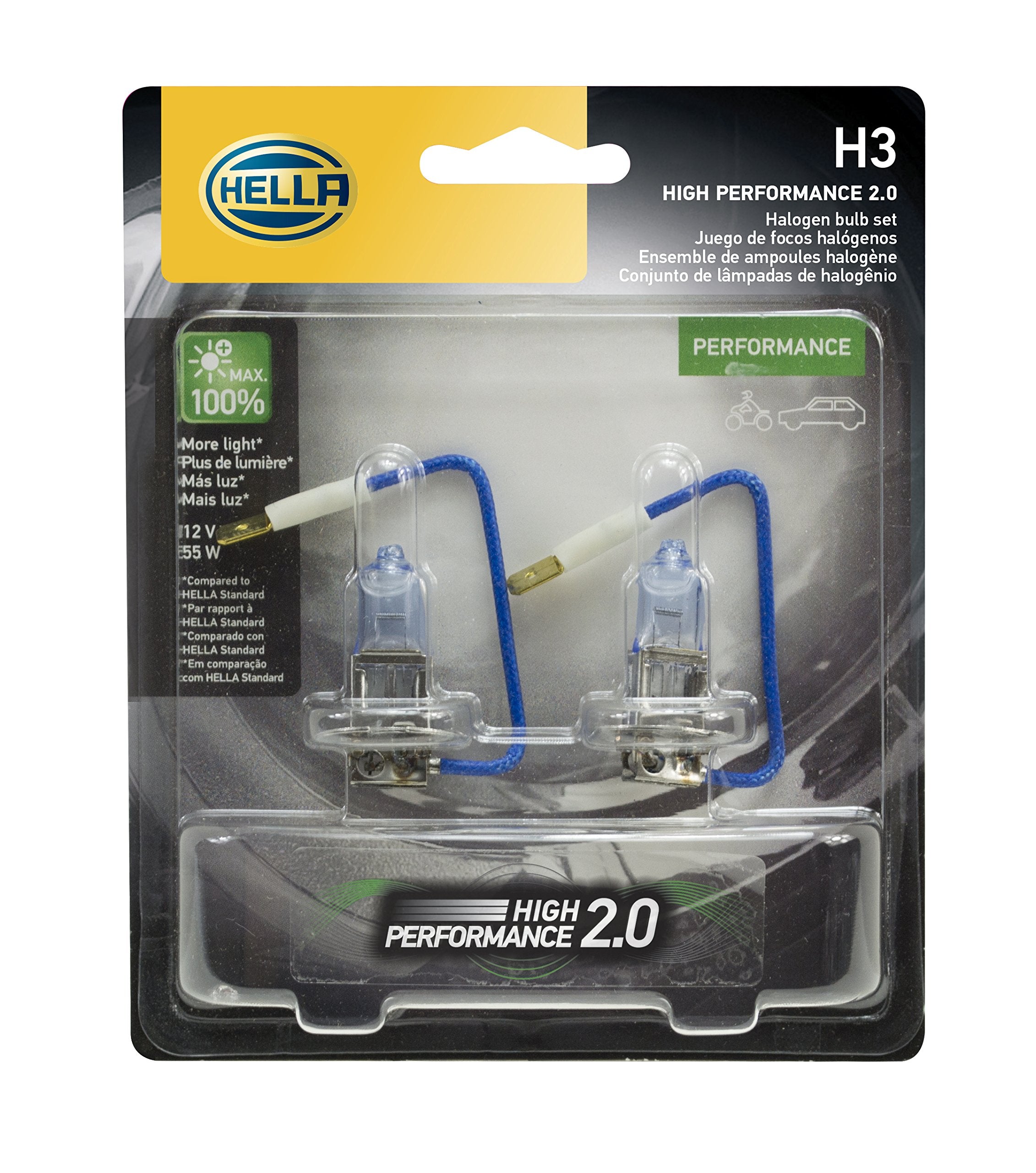 HELLA H3 High Performance Bulb Kit, 12V, 55W, 2 Pack, Multi Color, Model H3 2.0TB