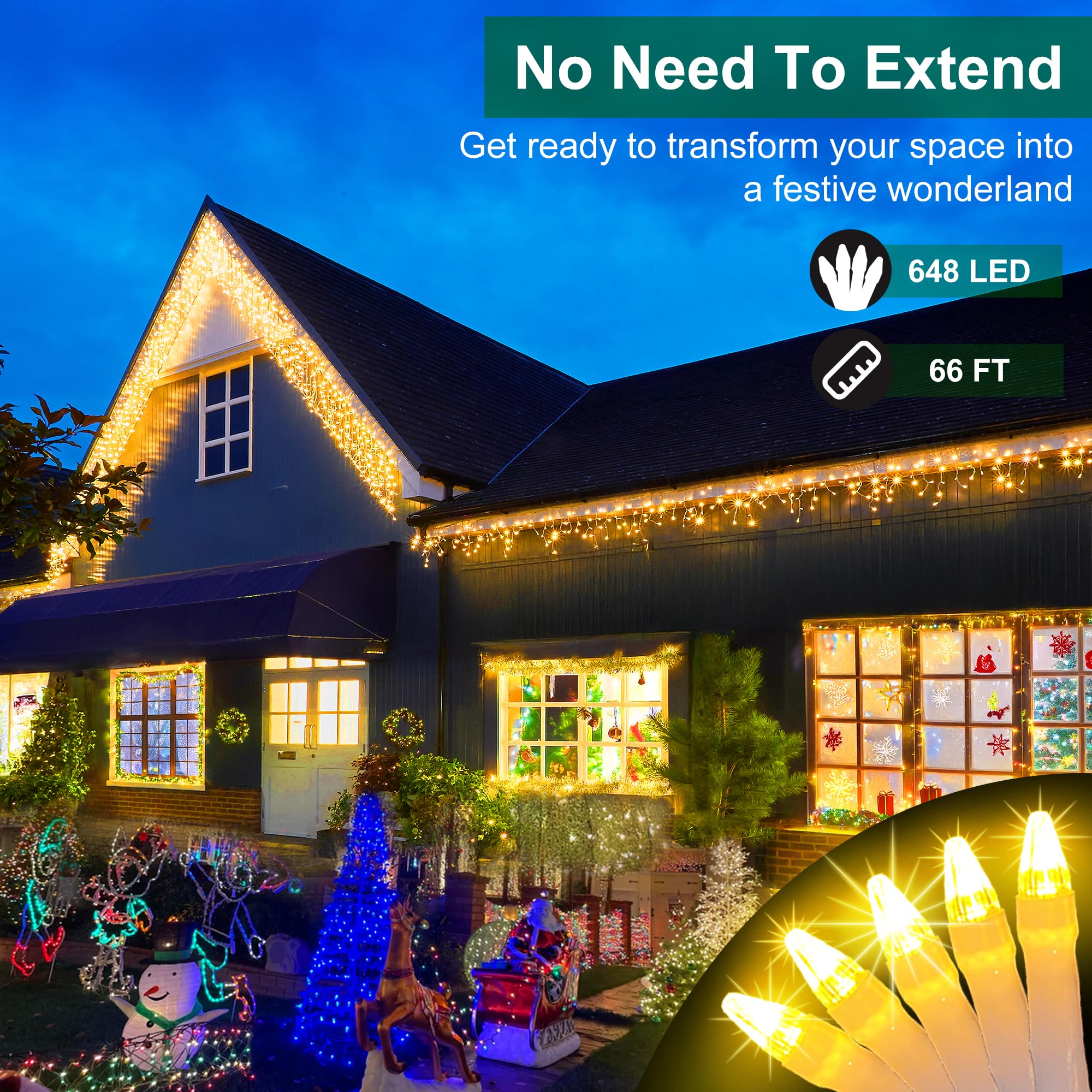 XIKENGSHQ 648 LED Outdoor Christmas Lights, 66ft with 144 Drops, 8 Modes Timer, Waterproof, Warm White
