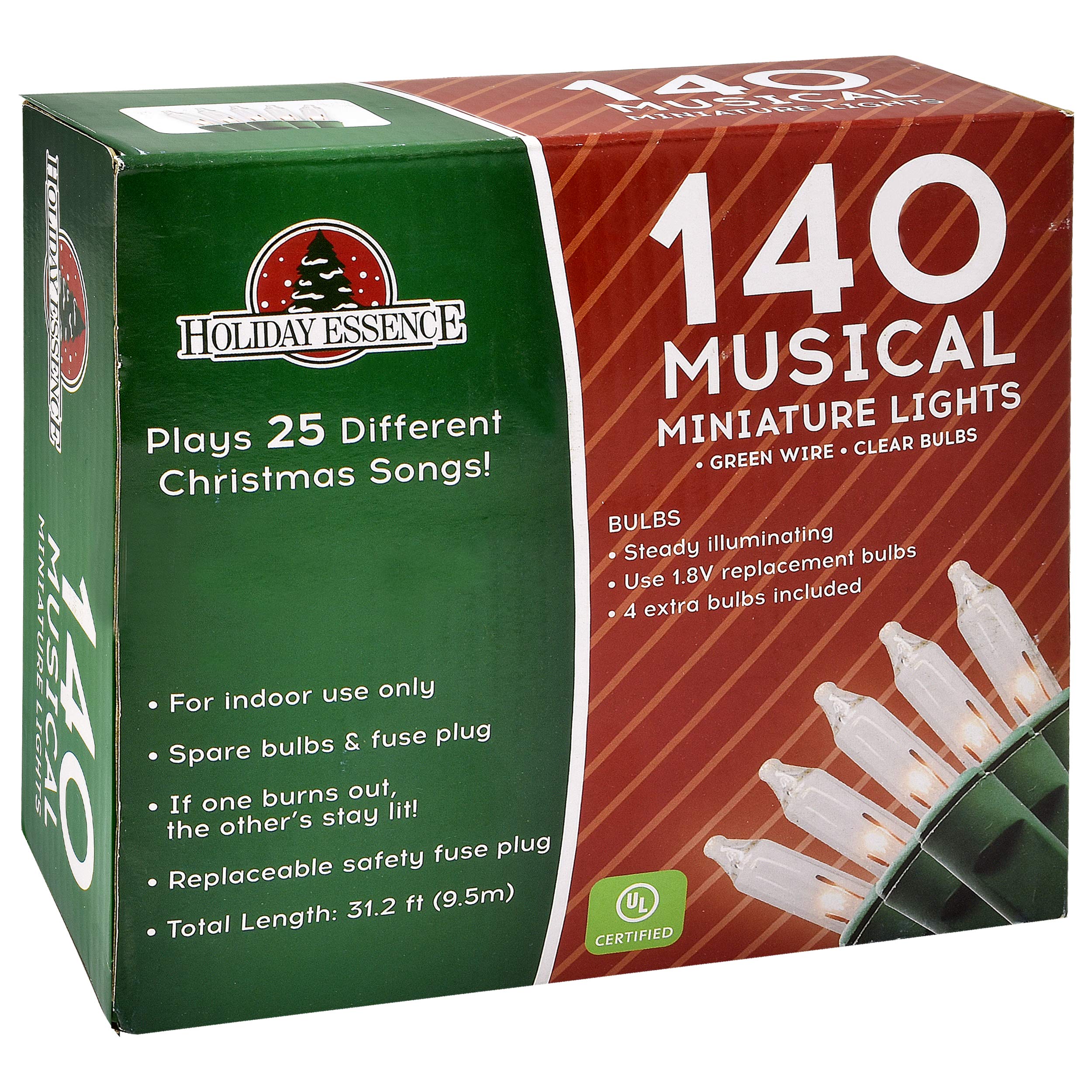 Holiday Essence, Set of 140 Indoor Clear Musical Christmas Lights, Plays 25 Classical Holiday Songs, 8 Function Chaser, Green Wi