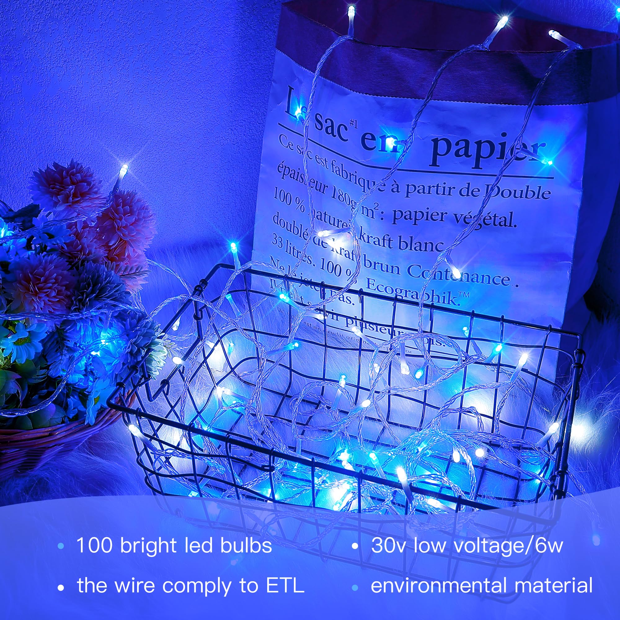 Hopolon 100 LED Blue White Fairy String Lights, 33FT Clear Wire, 8 Modes, Waterproof for Indoor/Outdoor Use