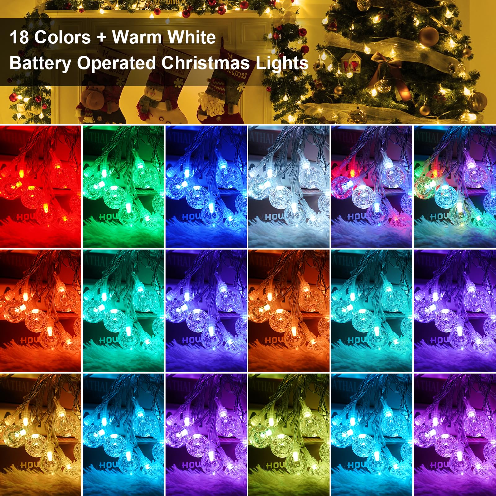 Omika 33Ft Battery Operated String Lights, 18 Colors +Warm White 60 Leds Battery Operated Christmas Lights, Indoor Outdoor Usb Powered Fairy String Lights For Xmas Bedroom Garden Patio Balcony Decor