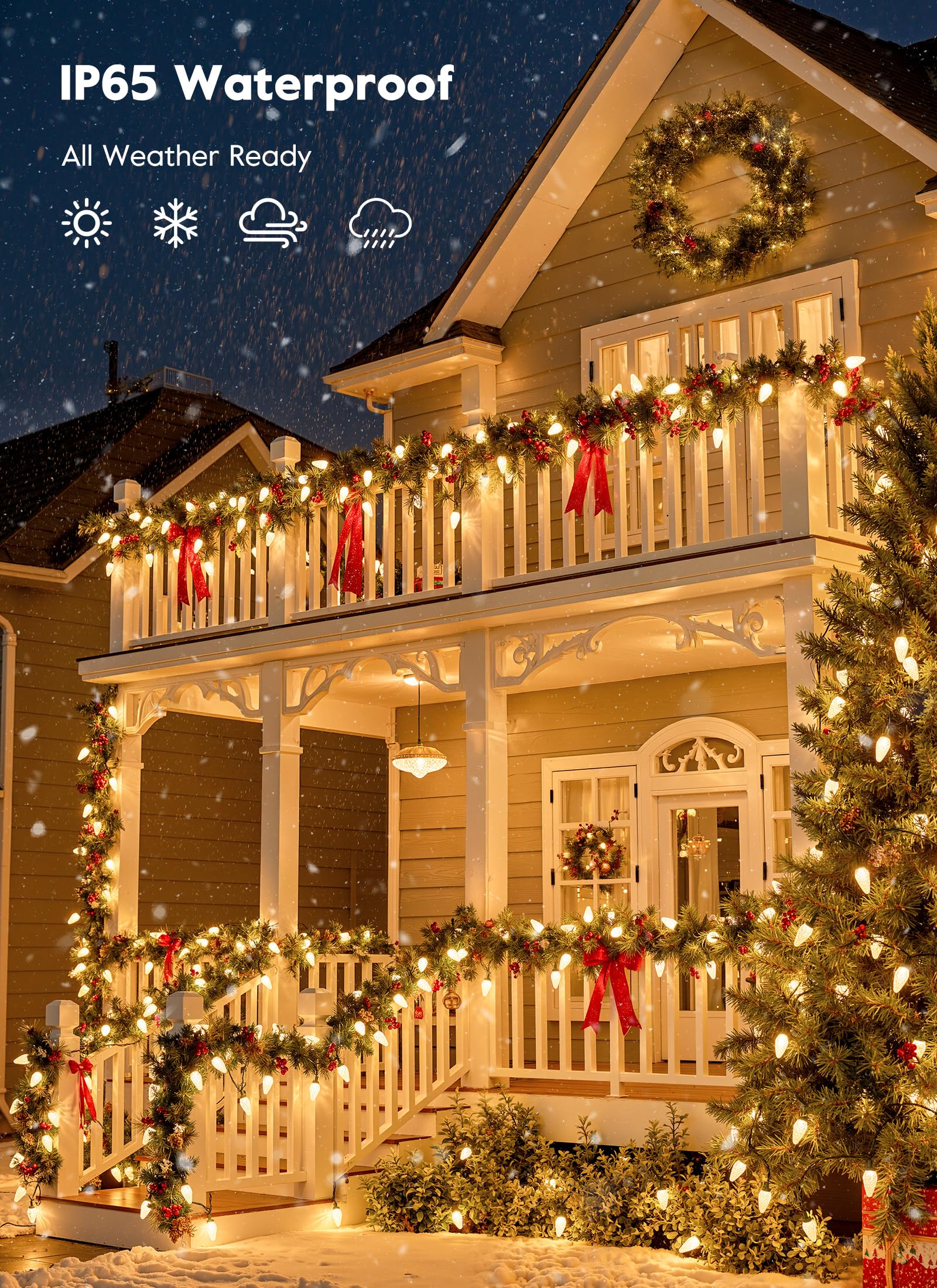 Brightown C9 Christmas Lights - 114FT 150 LED Warm White String Lights, Waterproof, Timer, 8 Modes, Model GY-C9-X-33-3B
