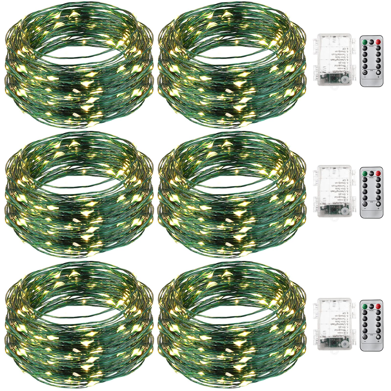 Remagr 6 Pack Christmas Fairy String Lights Battery Operated Green Wire LED Waterproof String Lights with Remote 8 Modes for Chr