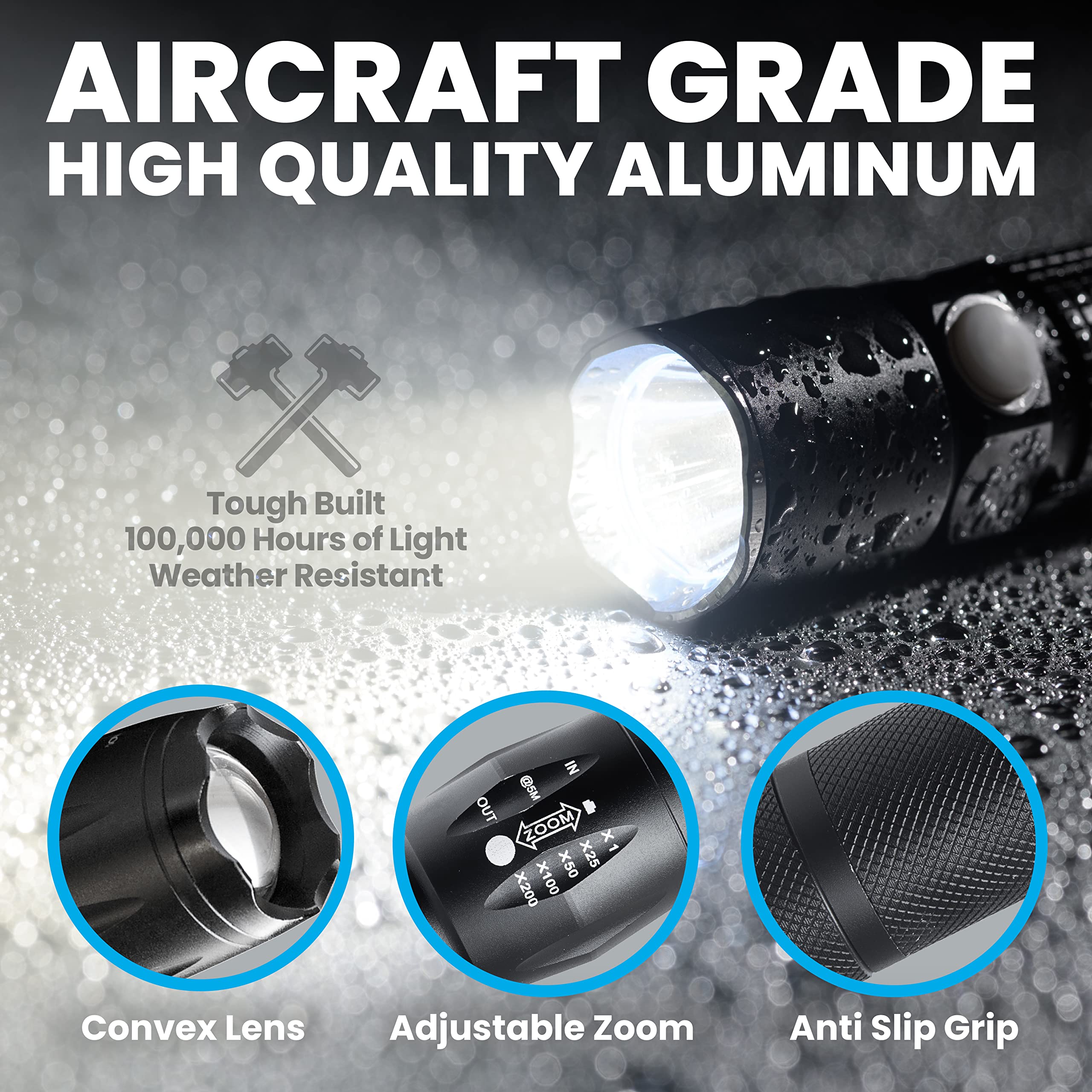Bell+Howell TacLight 3 Pack Tactical Flashlights, High Lumens, Zoomable, Waterproof, Aluminum, Black, Model 9386