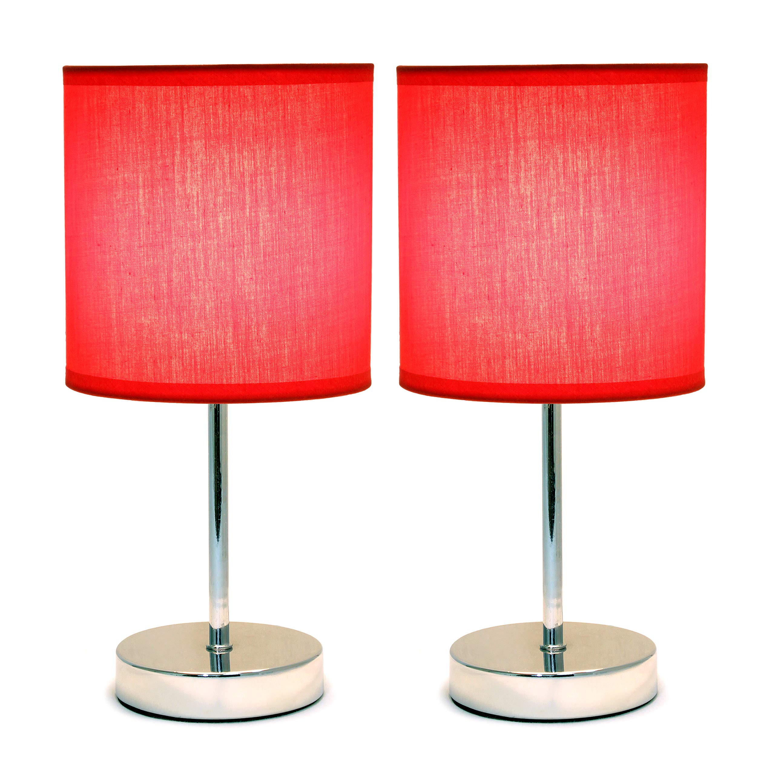 Simple Designs Lt2007-Red-2Pk Chrome Mini Basic Table Lamp With Fabric Shade 2 Pack Set, Red