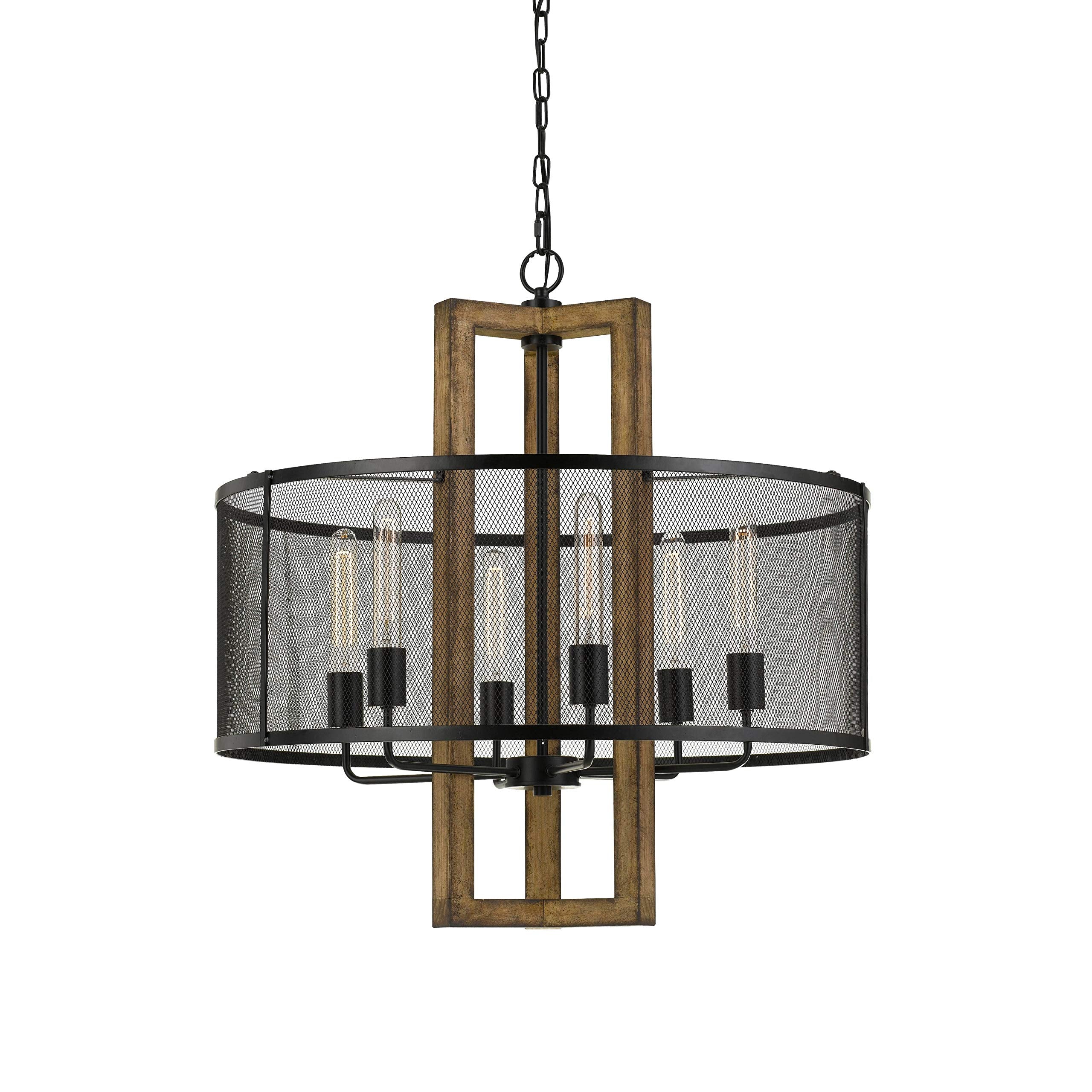 Benjara 60 X 6 Wooden Chandelier With Round Metal Mesh Shade, Black And Brown