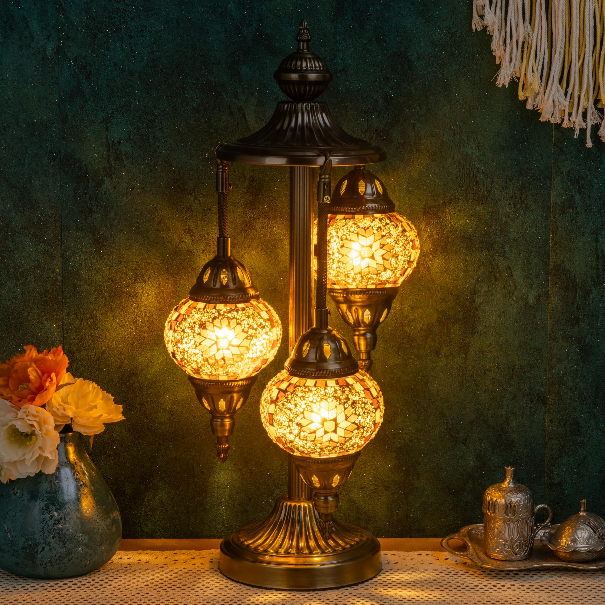 Marrakech Turkish Lamp 3 Globes Moroccan Table Lamp with Bronze Base, 23'' Tall Handmade Yellow Tiffany Mosaic Glass Night Light