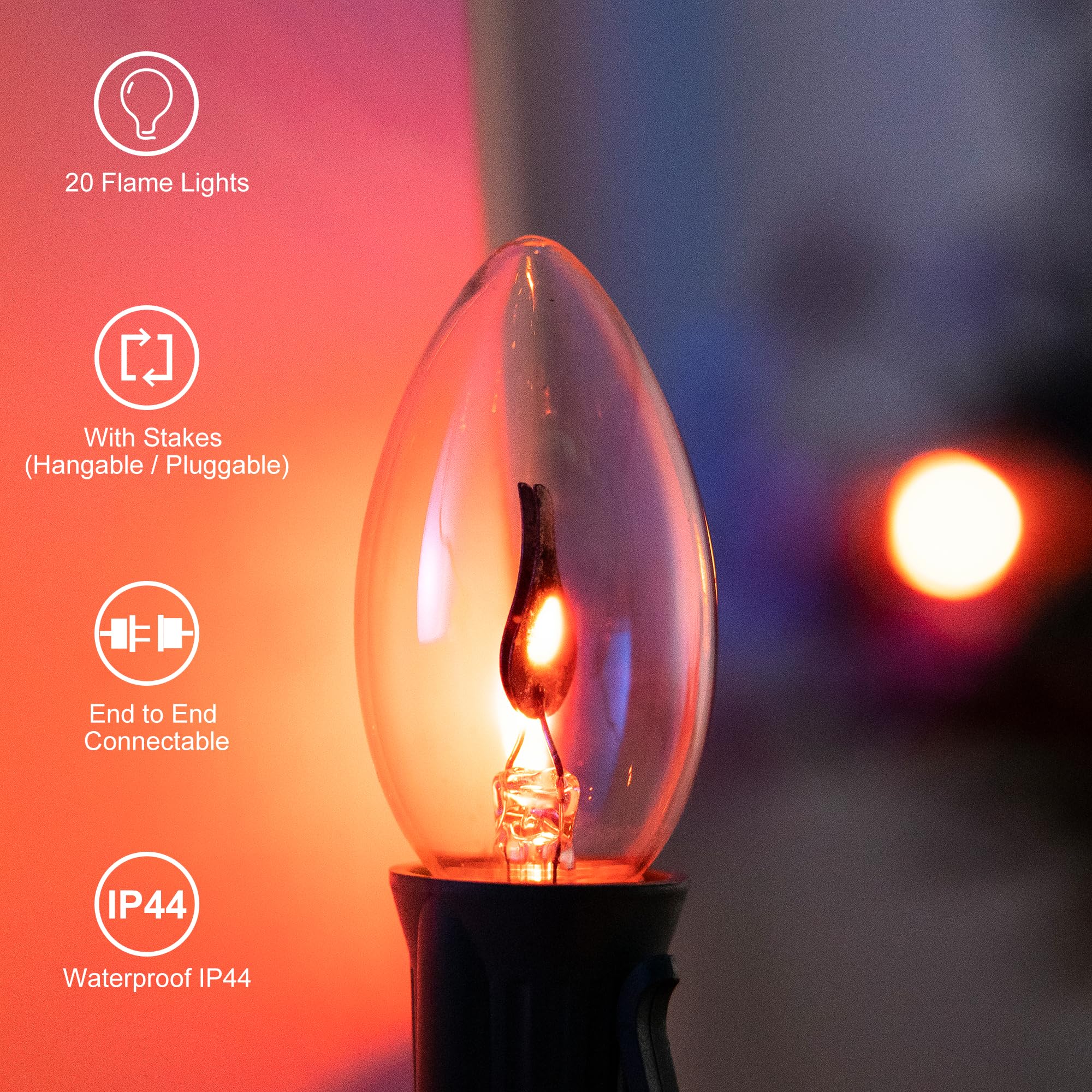 TIORIY Flickering Flame String Lights - C9 Pathway Fire Light Strand, Clear-Red Glass Bulbs, Model BW-C9-A1-1-20, Outdoor Halloween Decor