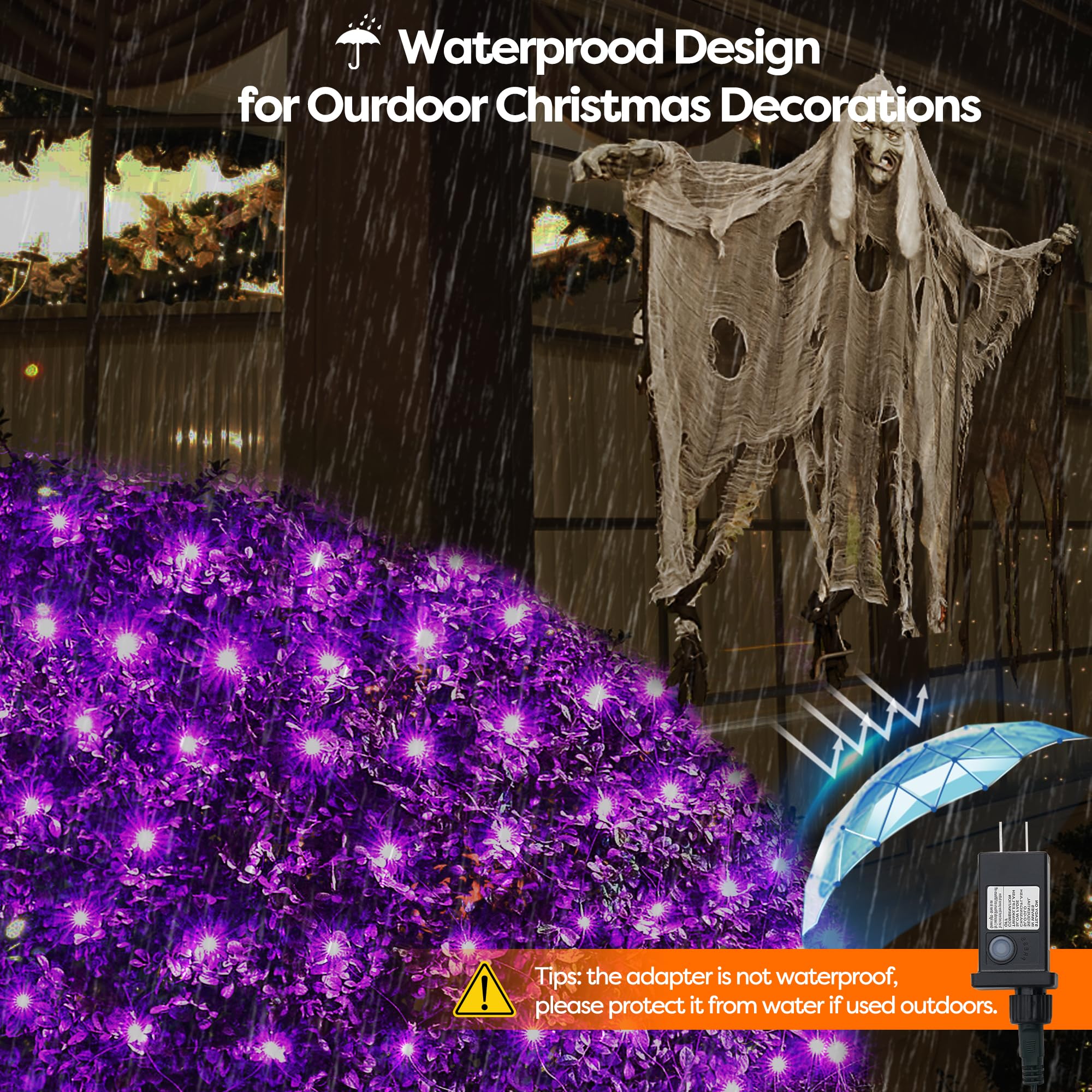 WBao Halloween Net Lights 360LED 11.5ft x 6.9ft Waterproof Dark Green Wire, 8 Modes, Purple