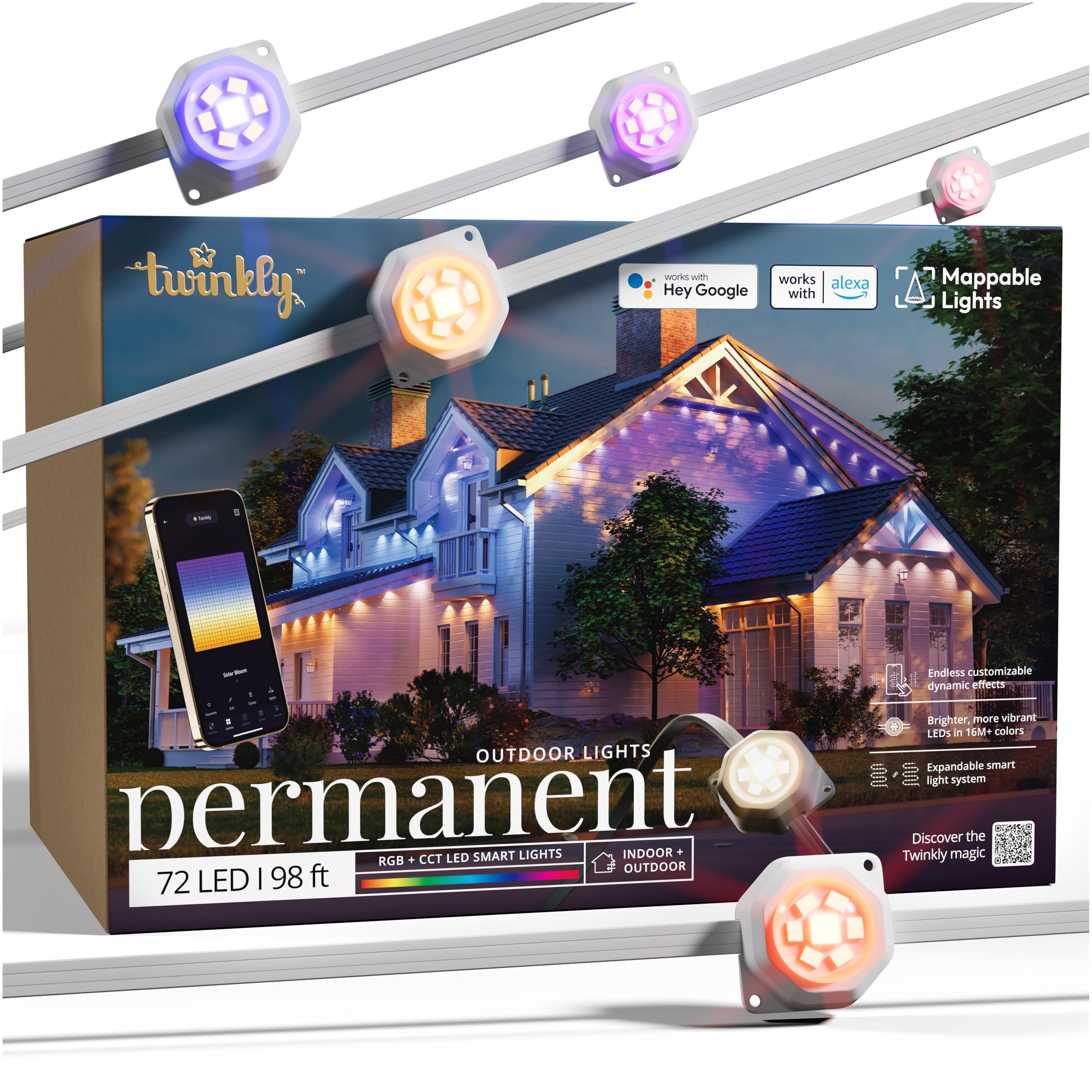 Twinkly Permanent Outdoor Lights, Smart RGB + CCT Outdoor Lights, Mappable and Customizable, Cuttable 98 Feet, 72 LED Lights, IP
