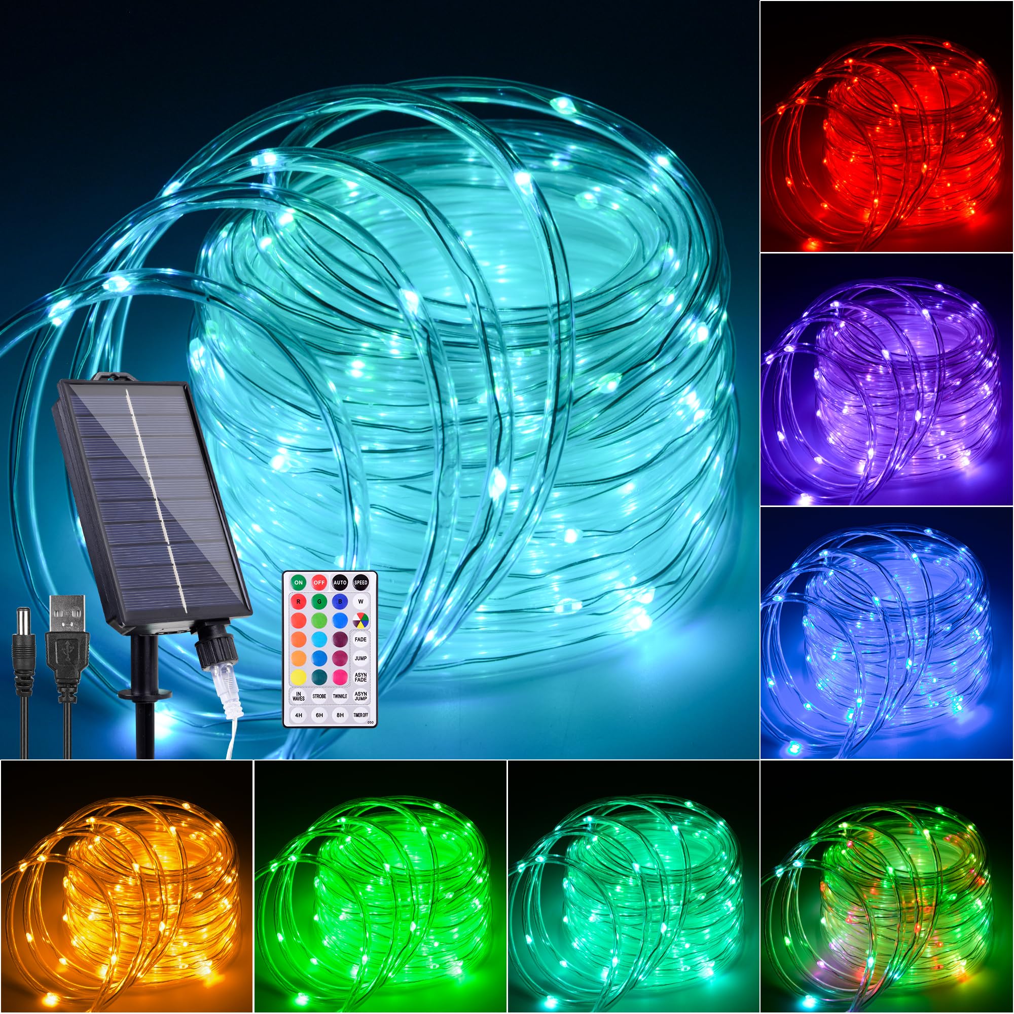 Nazuwke 33FT Solar Rope Lights Outdoor Waterproof, 18 Colors Changing Fairy String Light USB & Solar Powered with Remote, 100 LE