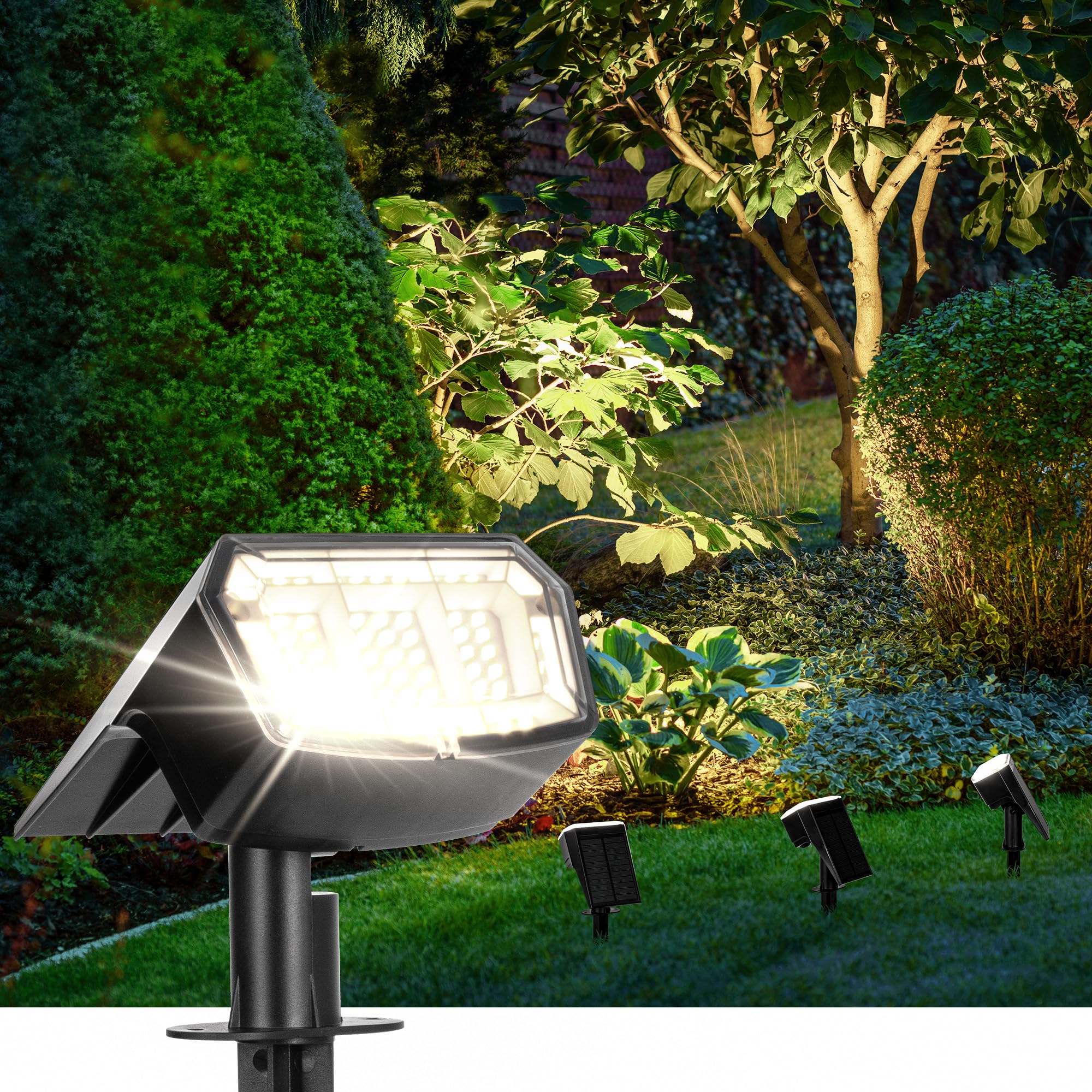 AUDERWIN Solar Spot Lights Outdoor 63 LED 3 Lighting,Waterproof IP65 Modes Spotlights for Outside House Yard Garden Landscape Li