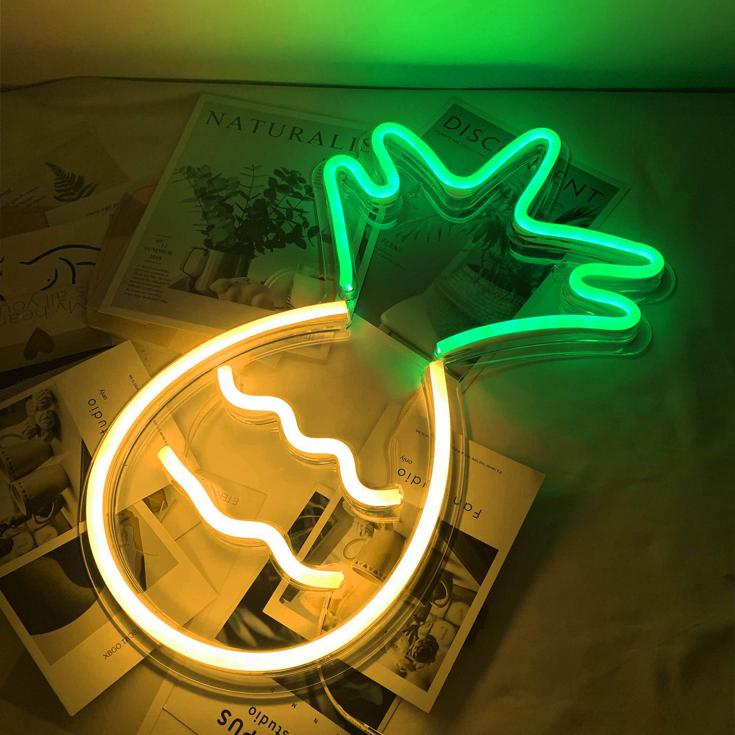 NiniTe LIGHTS Pineapple Neon Sign, LED Night Light, USB Powered Wall Decor, Yellow/Pink/Blue/Green
