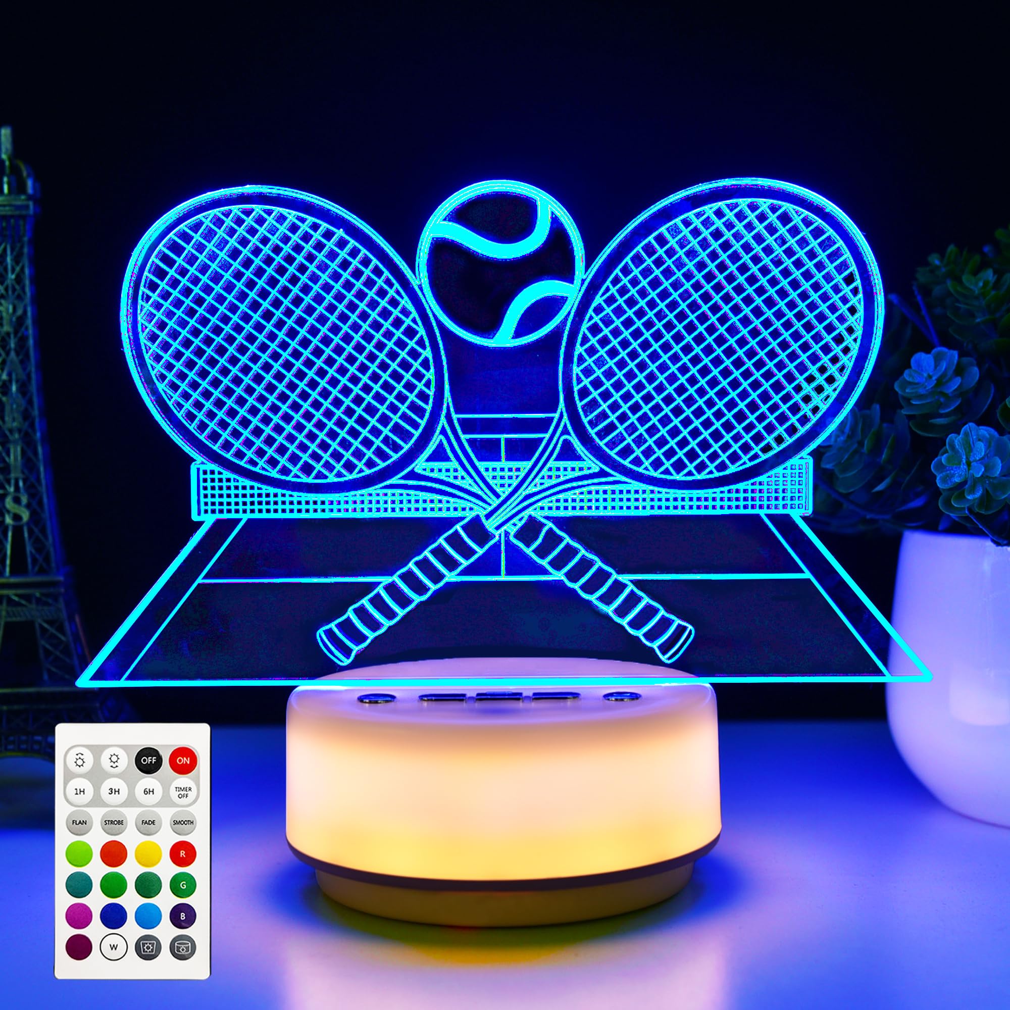 Childrenlive Tennis Gifts Night Light 3D Illusion Led Lamp14 Colors Bedroom Sports Decor Lamp with Remote Control/Buttons +Timer