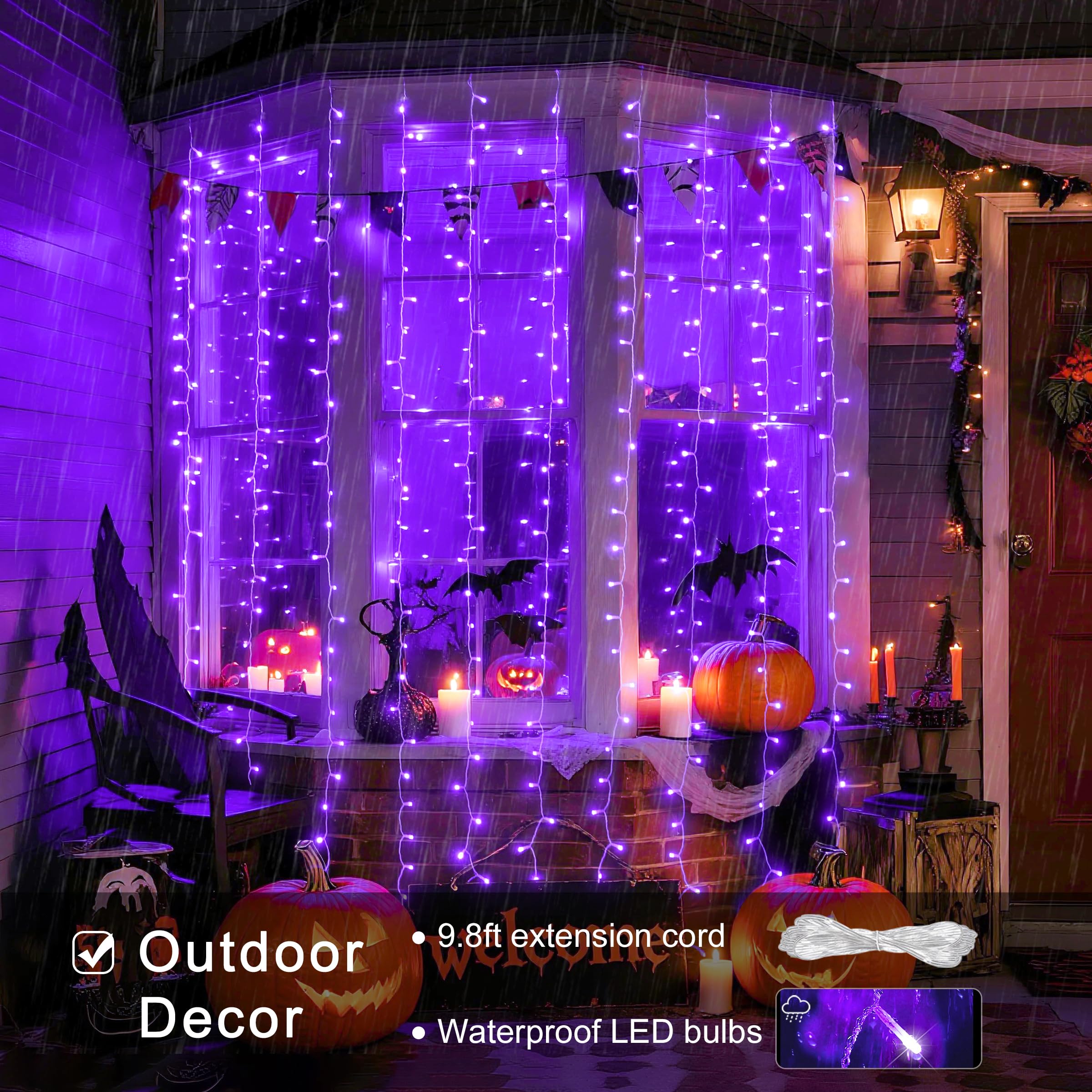 JMEXSUSS 300LED Purple Christmas Curtain Lights, 8 Modes, Remote Control, Plug-in, Ideal for Bedroom, Wall, Party Decorations