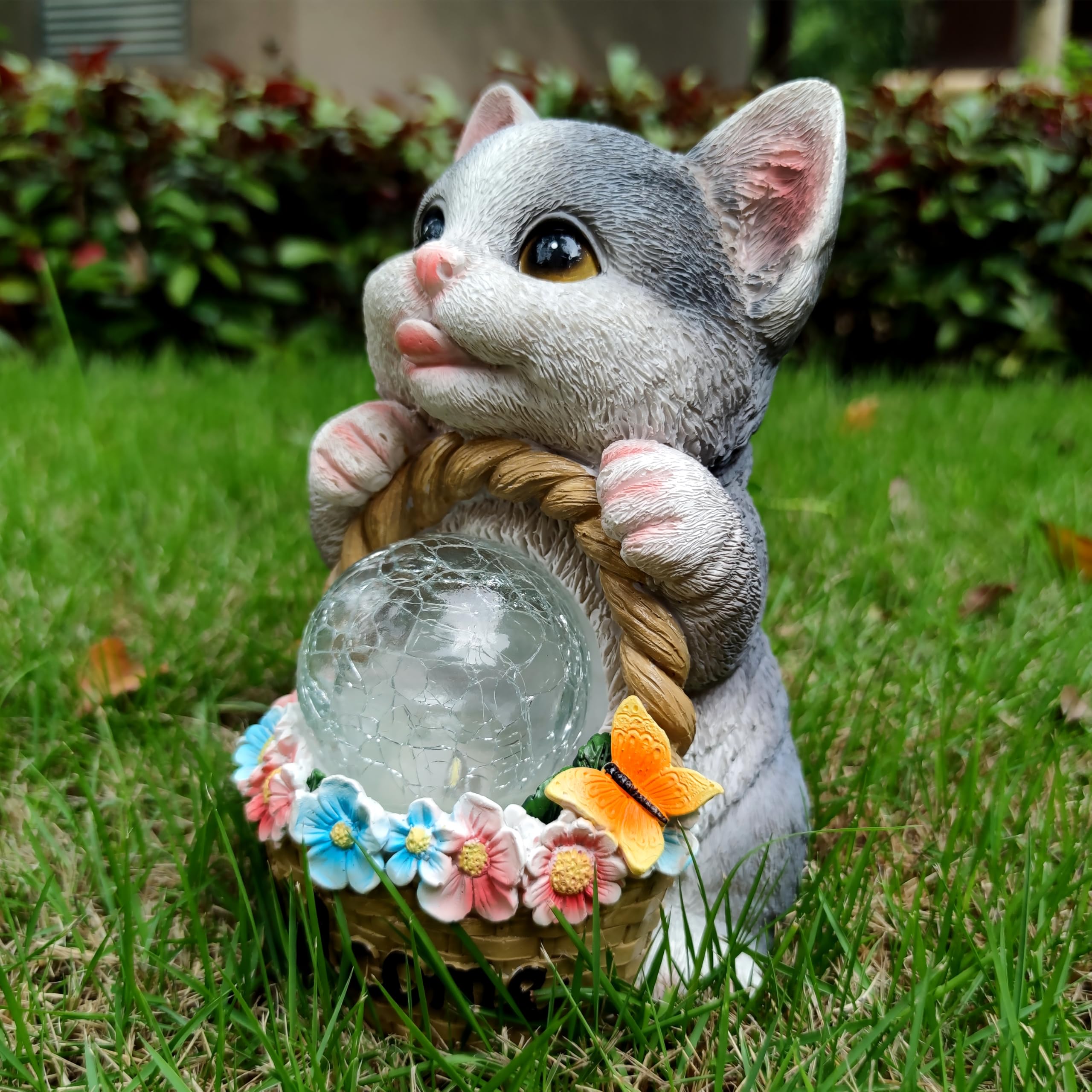 Rctticuu Solar Cat Garden Outdoor Statues Resin Cat Figurine Carrying Flower Basket And Magic Orb With Solar Led Lights  Lawn Decor Outdoor Statue For Patio  Balcony  Yard Ornament Gifts For Mom