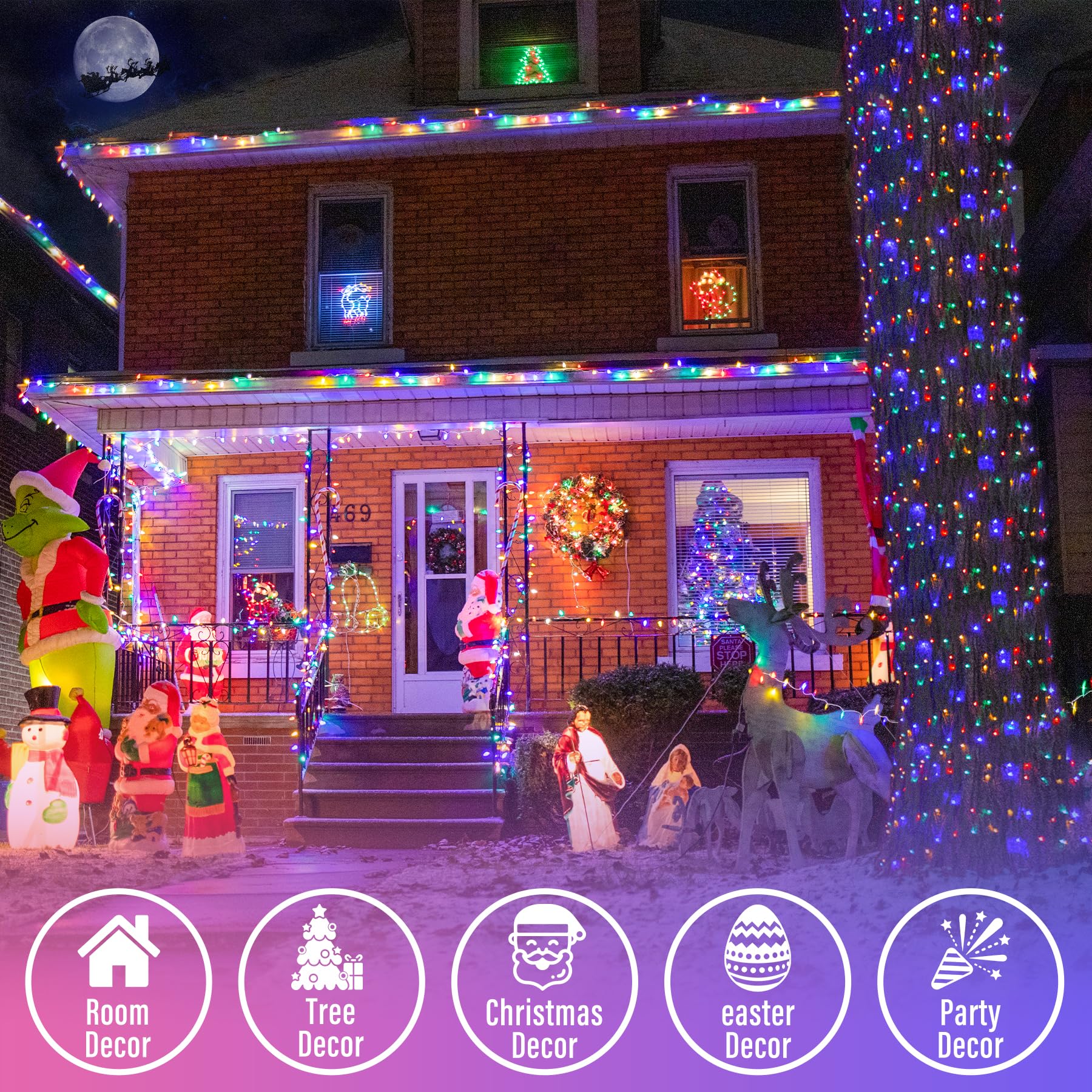 JMEXSUSS Christmas Tree Lights, 200 LED Multicolor, Clear Wire, 66ft Indoor Outdoor Decorations, Model EXS-S-0200