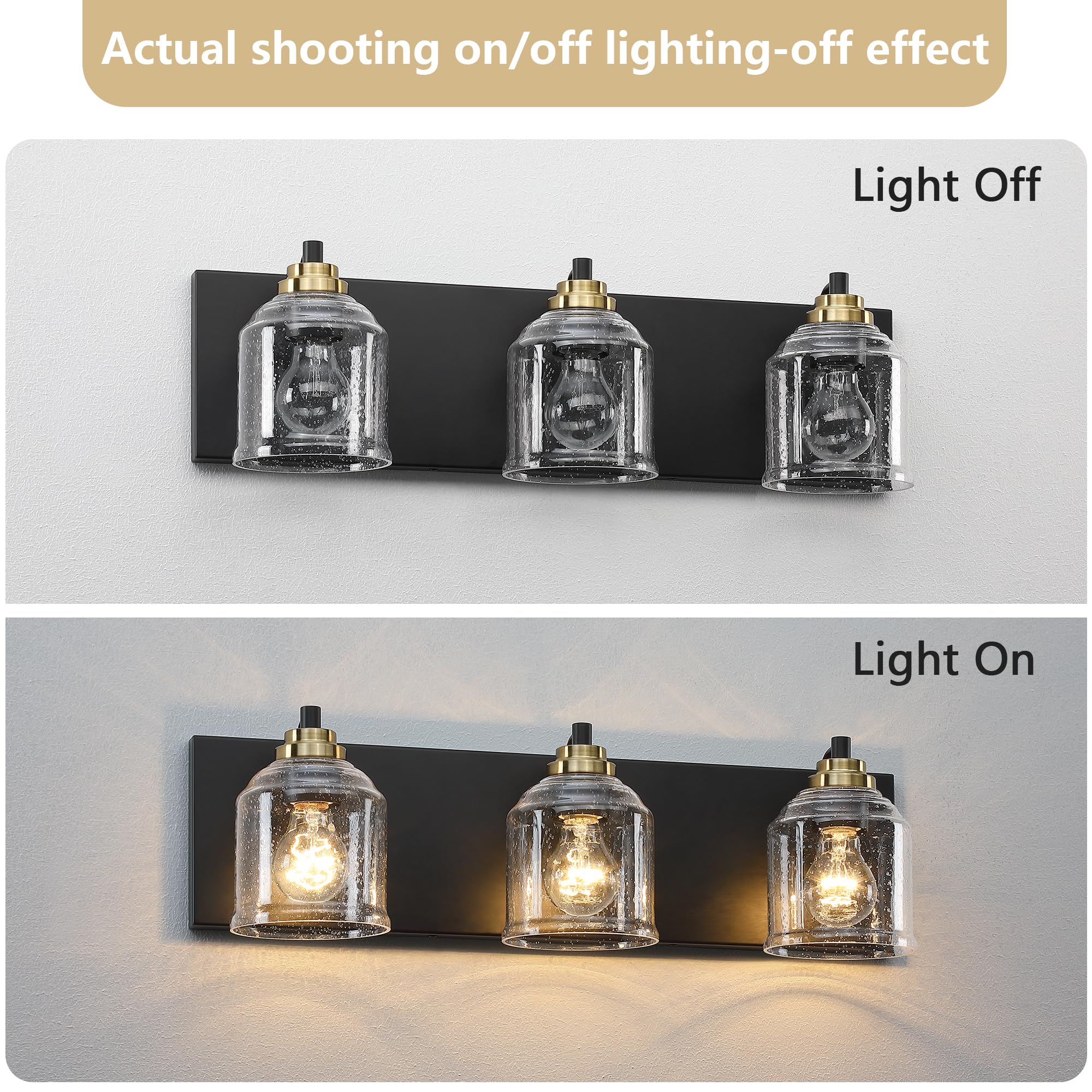 YKLITG 23" Farmhouse Bathroom Vanity Light, 3-Light Black & Gold Metal Sconce with Bubble Glass Shades, Model BD005
