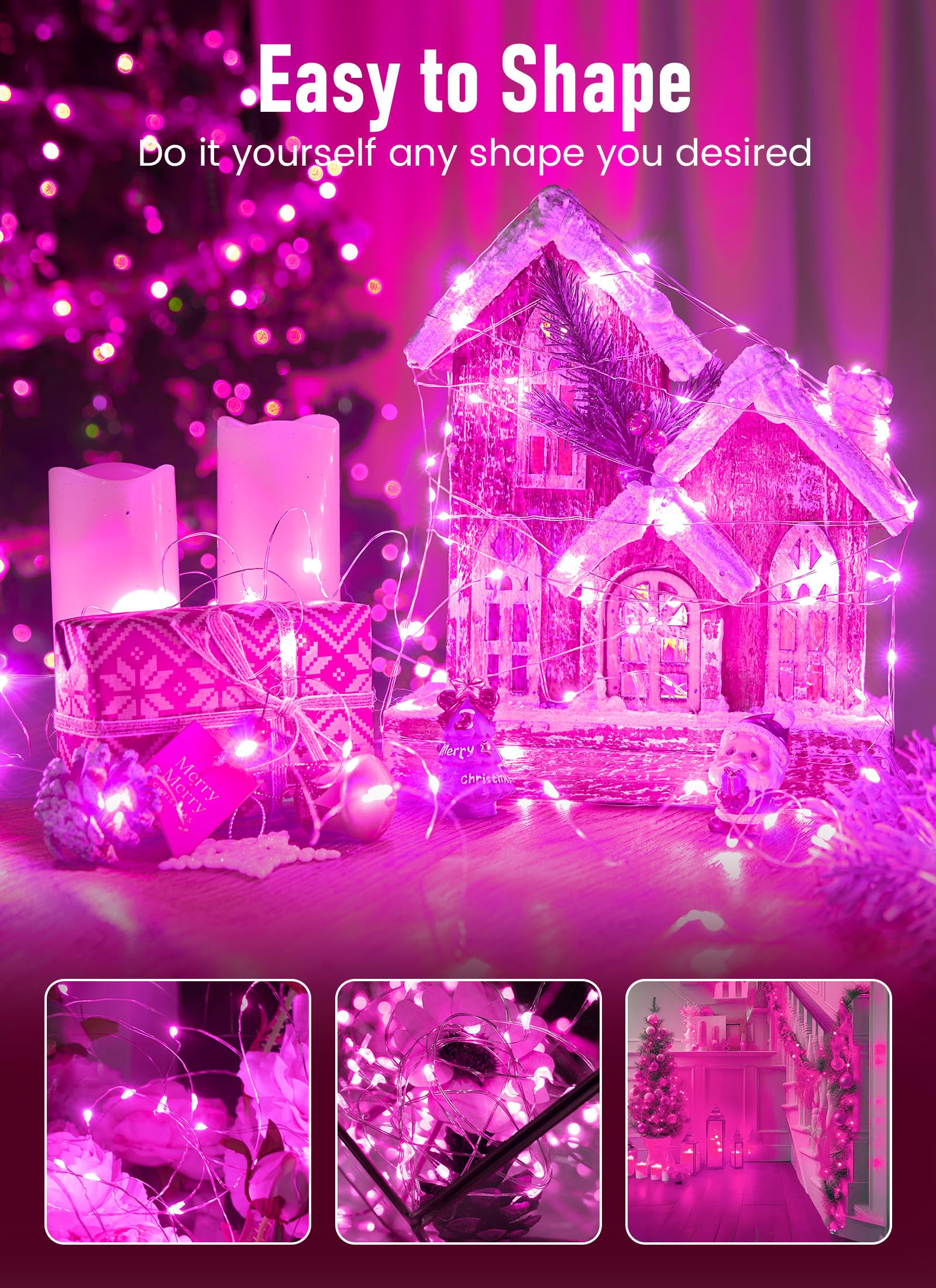 Minetom Fairy Lights, 33FT 100 LEDs Battery Operated String Lights, Waterproof, Pink, 2 Pack for Home Wedding Christmas Decor