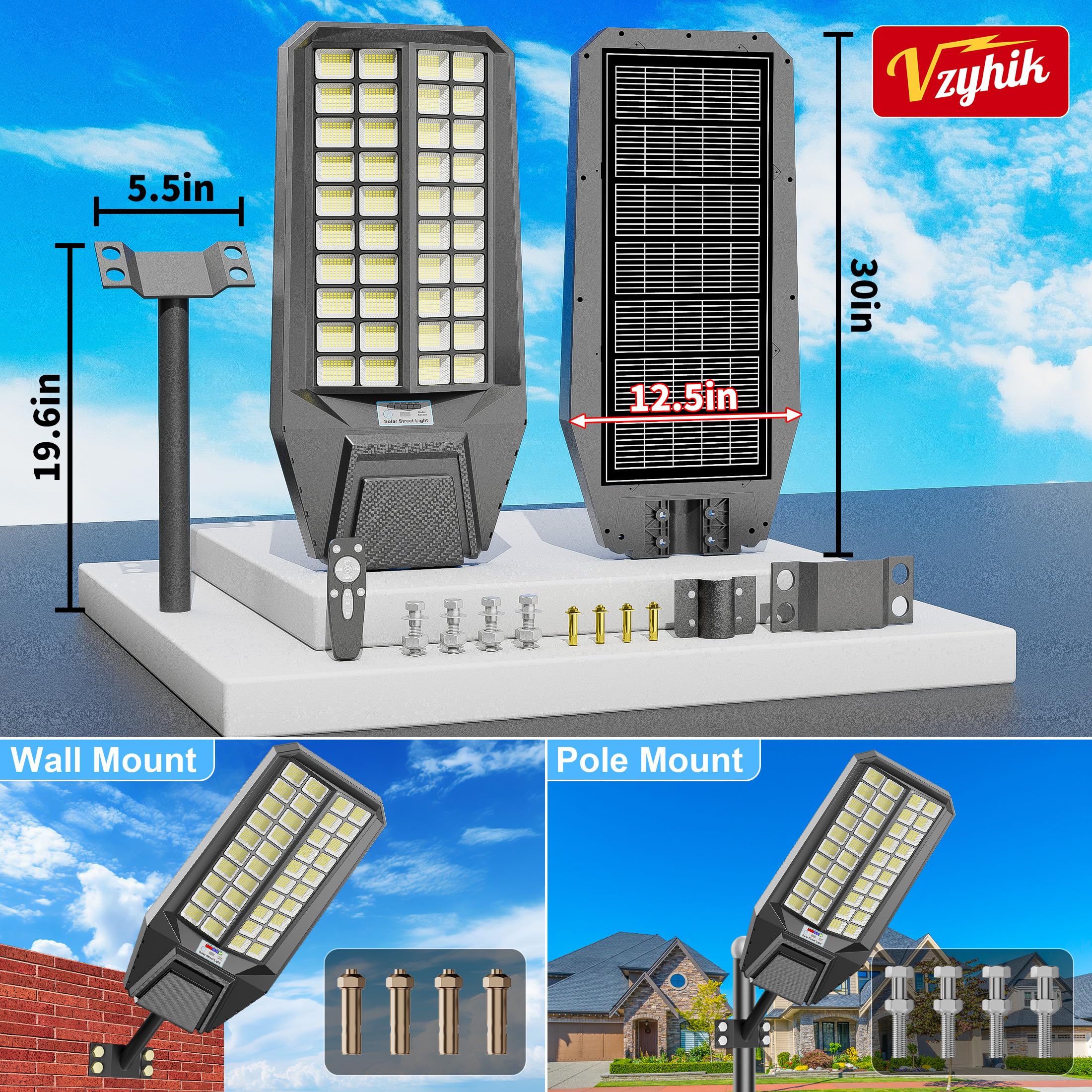 Vzyhik Solar Street Lights - 9500W Waterproof LED with Motion Sensor & Remote Control, Black, for Outdoor Use - Ideal for Yards & Walkways