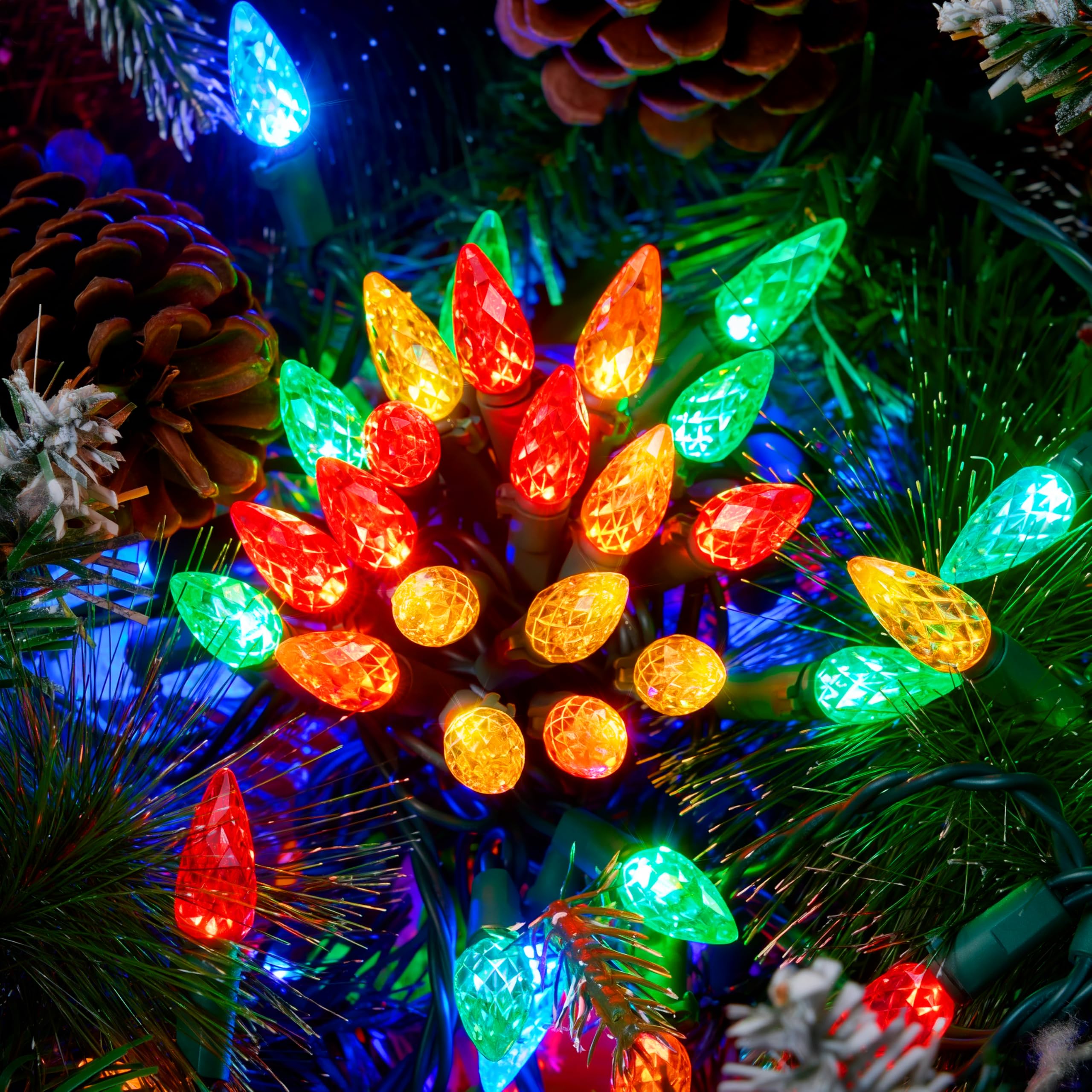 Joiedomi C6 Multicolor Christmas Lights  100 LED Steady On Strawberry Lights  33.66 FT Connectable Christmas String Lights for Indoor Outdoor Party Home Yard Xmas Tree House Decorations  Green Wire