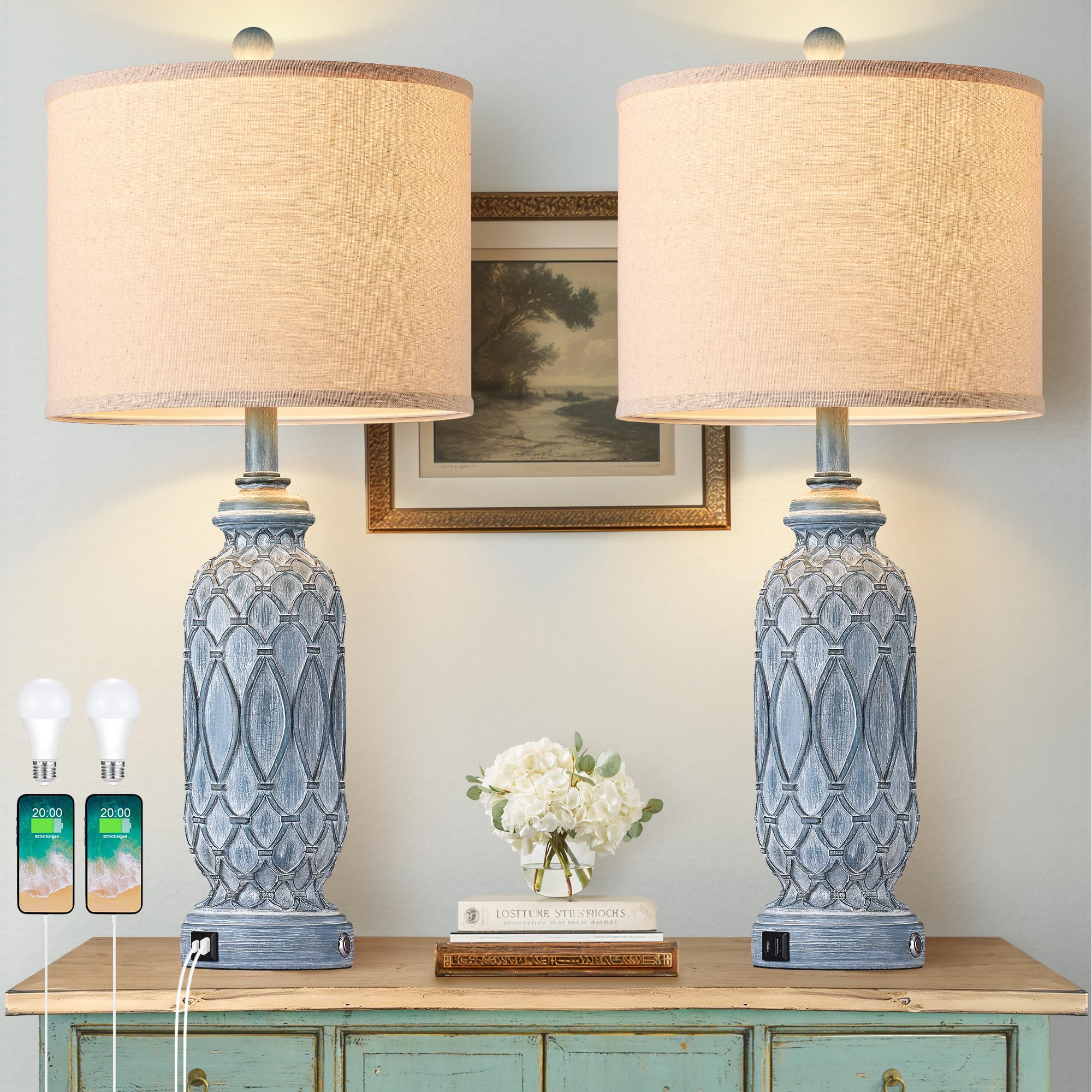 Ireliare 28'' Living Room Lamps Set Of 2, Farmhouse Lamps For Bedroom With Usb A+C Charging Ports, Touch Lamps For Nightstand, 2