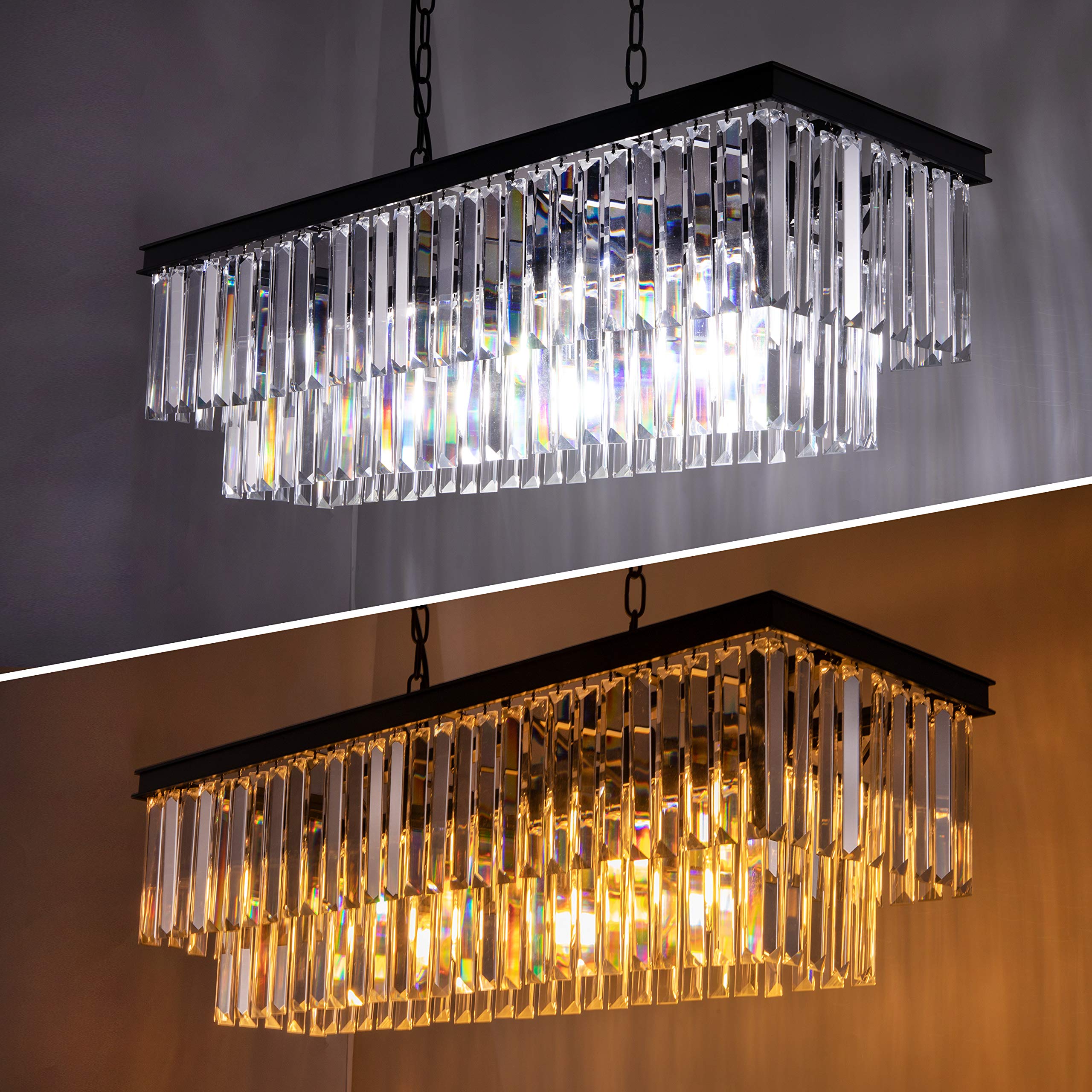 Wellmet Black Crystal Chandelier, 9-Light Farmhouse Fixture, 34.5" Adjustable Metal Ceiling Light for Dining Room, Transparent