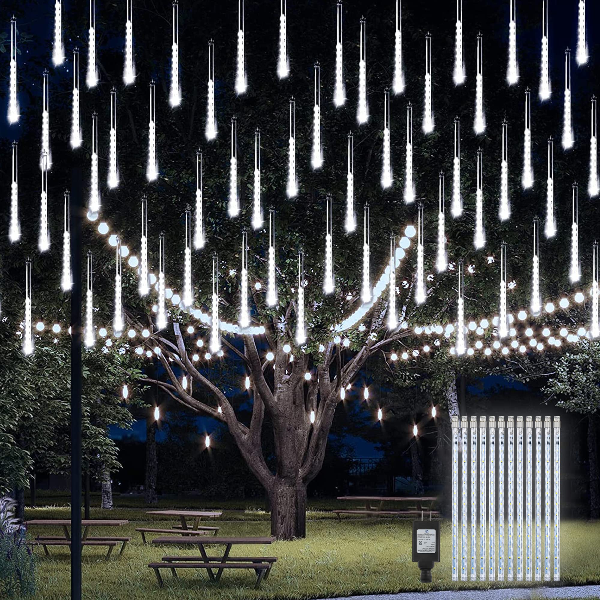 PGFUN Meteor Shower Icicle Lights 576 LEDs, 24 Tubes, White, Holiday Decoration