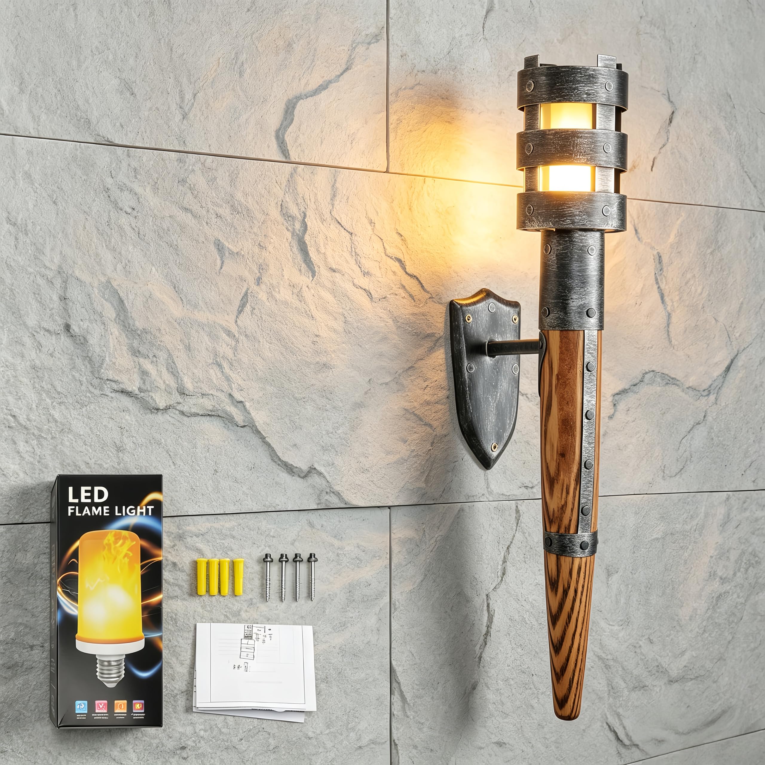 Medieval Torch Wall Sconce, Metal Torch Lamps with Wood Handles, Medieval Torch Light, Hand-Forged Wooden Handle Wall Lamps with