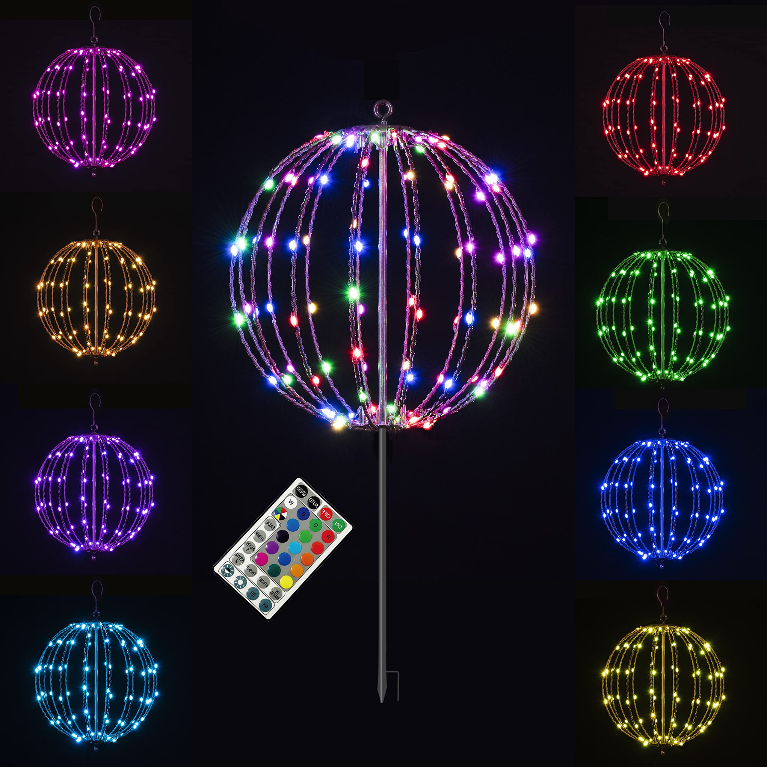 Christmas Ball Sphere, 12IN 96LED Hanging Tree and Pathway Lights With Hook and Stake, Foldable Metal Frame Ball for Outdoor Gar