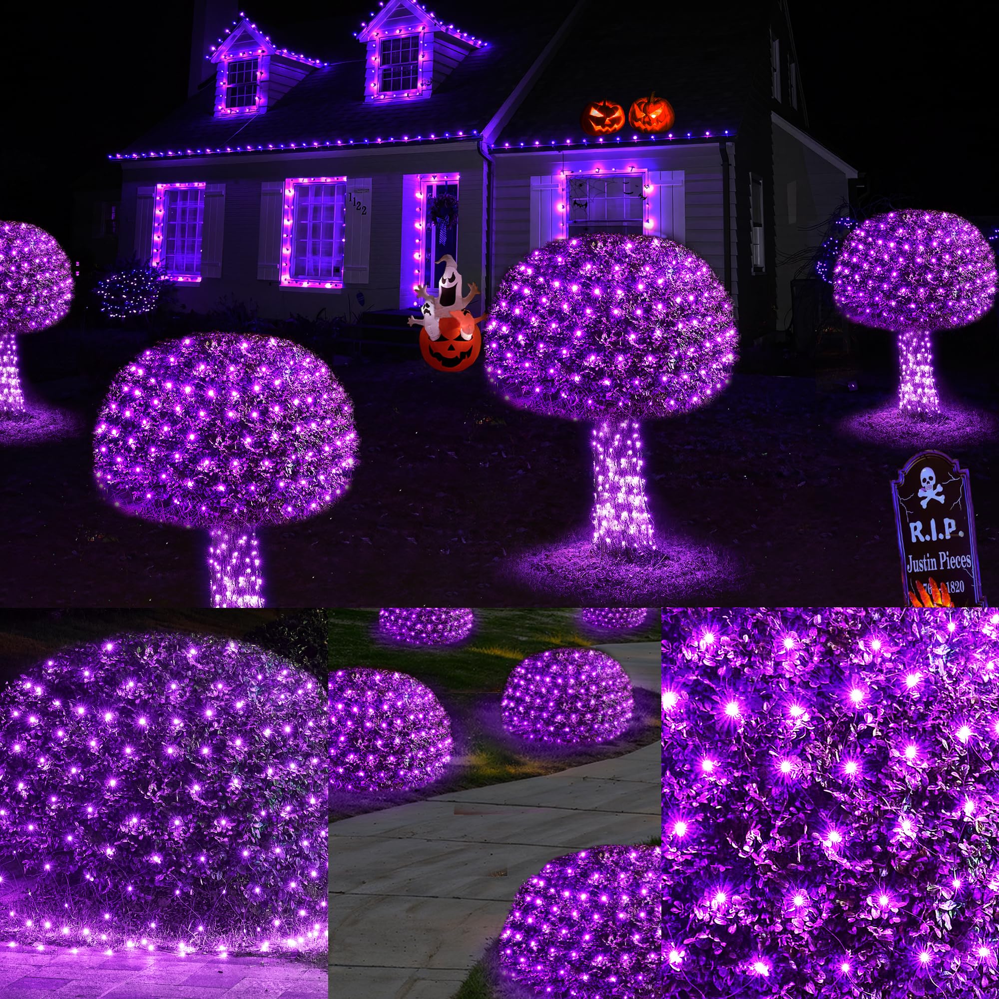 Wbao Halloween Net Lights, 200Led 8.4Ft X 5.2Ft Purple Halloween Lights With 8 Modes, Timer, Connectable, Waterproof & Sturdy Dark Green Wire For Lawn, Bushes, Trees, Outdoor Halloween Decorations